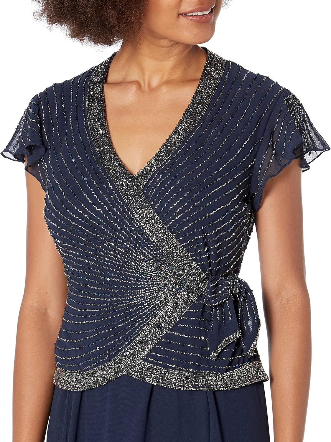 J Kara Womens Faux Wrap Long Dress W/Flutter Sleeve - Image 3