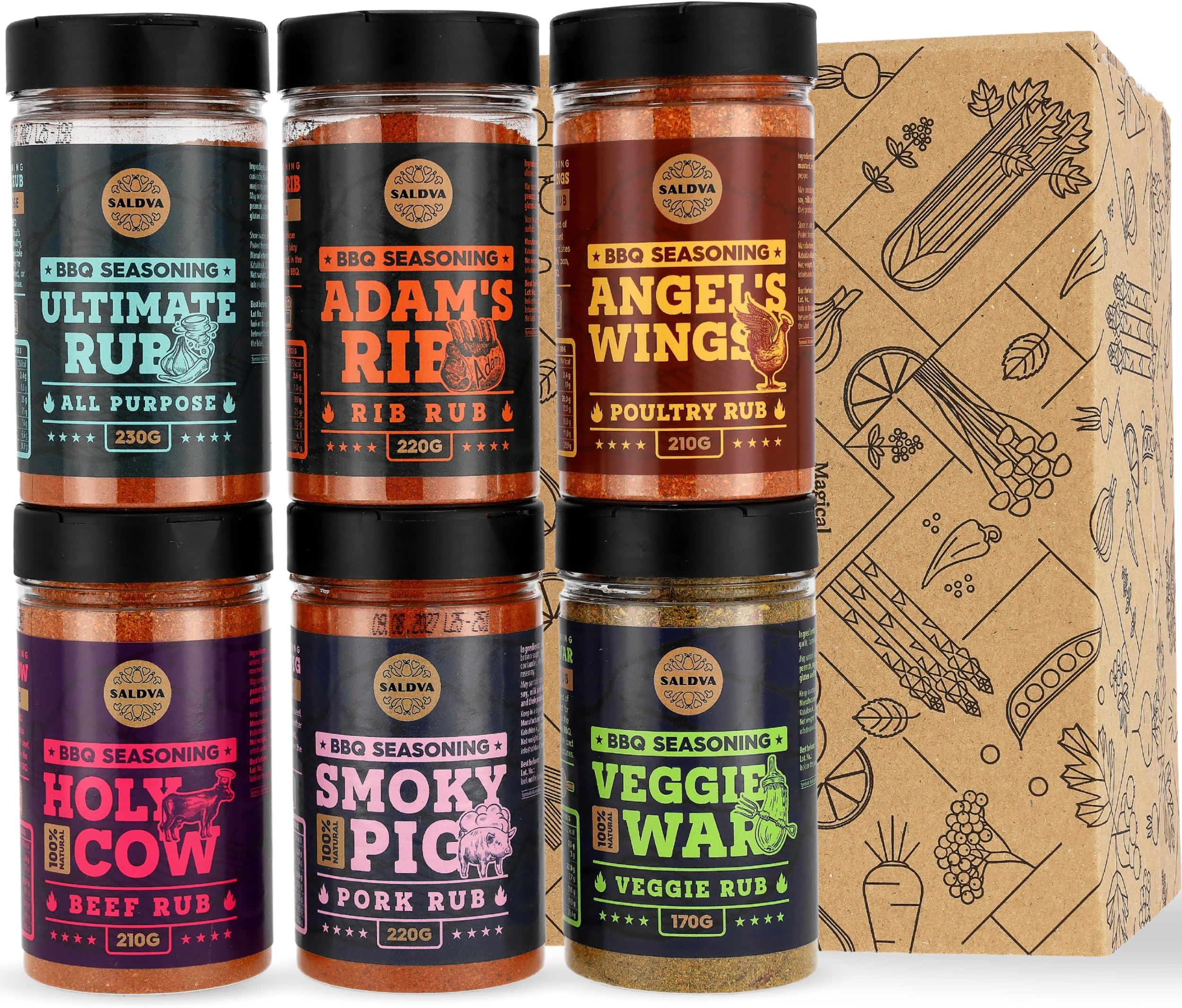 Classic Selection of Premium BBQ Seasonings - Holy Cow, Adam’s Rib, Angel’s Wings, Smoky Pig, Ultimate Rub & Veggie War BBQ Rubs | Pack of 6 | 100% Natural | Great Foodie Gift