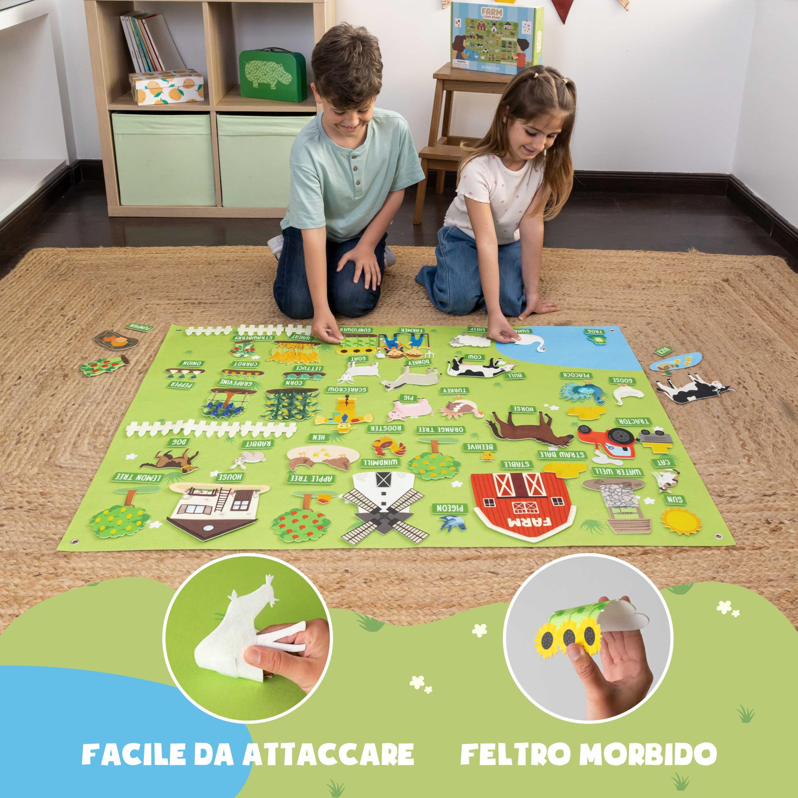 BONNYCO Lavagna di Feltro con 92 Figure di Animali della Fattoria. Giochi Montessori e Regalo Compleanno Bambini dai 3-8 Anni. Pannello Sensoriale per Autismo, Giocattoli Educativi