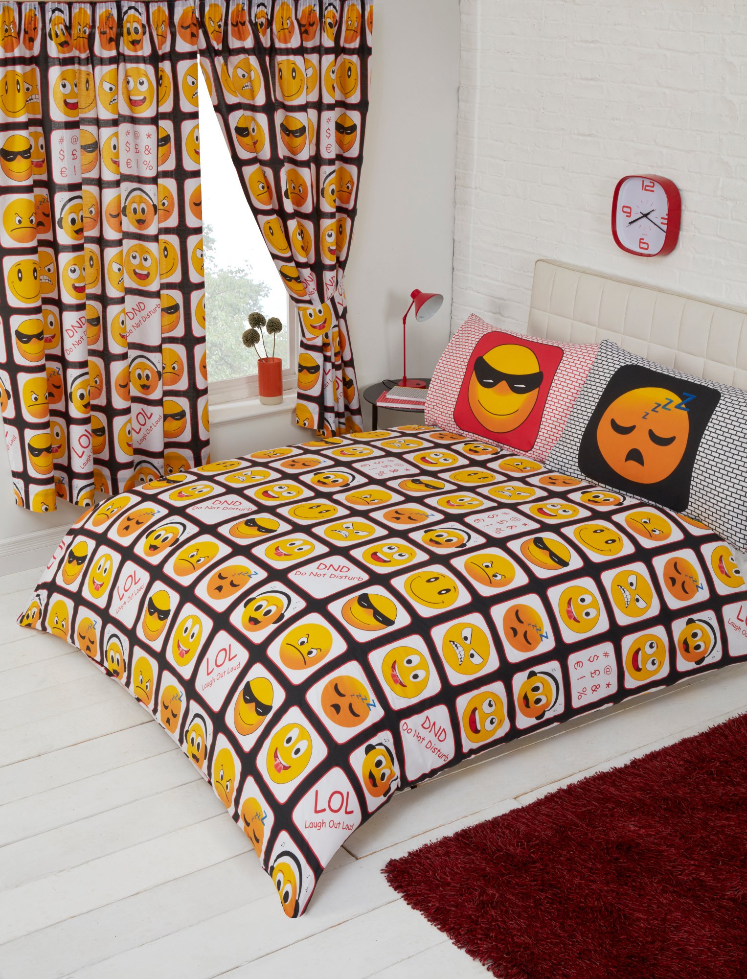 My Home Black King Size Bed Emotions Duvet/Quilt Cover Bedding Set, By Expression Smiley Sad Faces Emoji Emoticon Snooze Hashtag Lol Do Not Disturb, Red Yellow White
