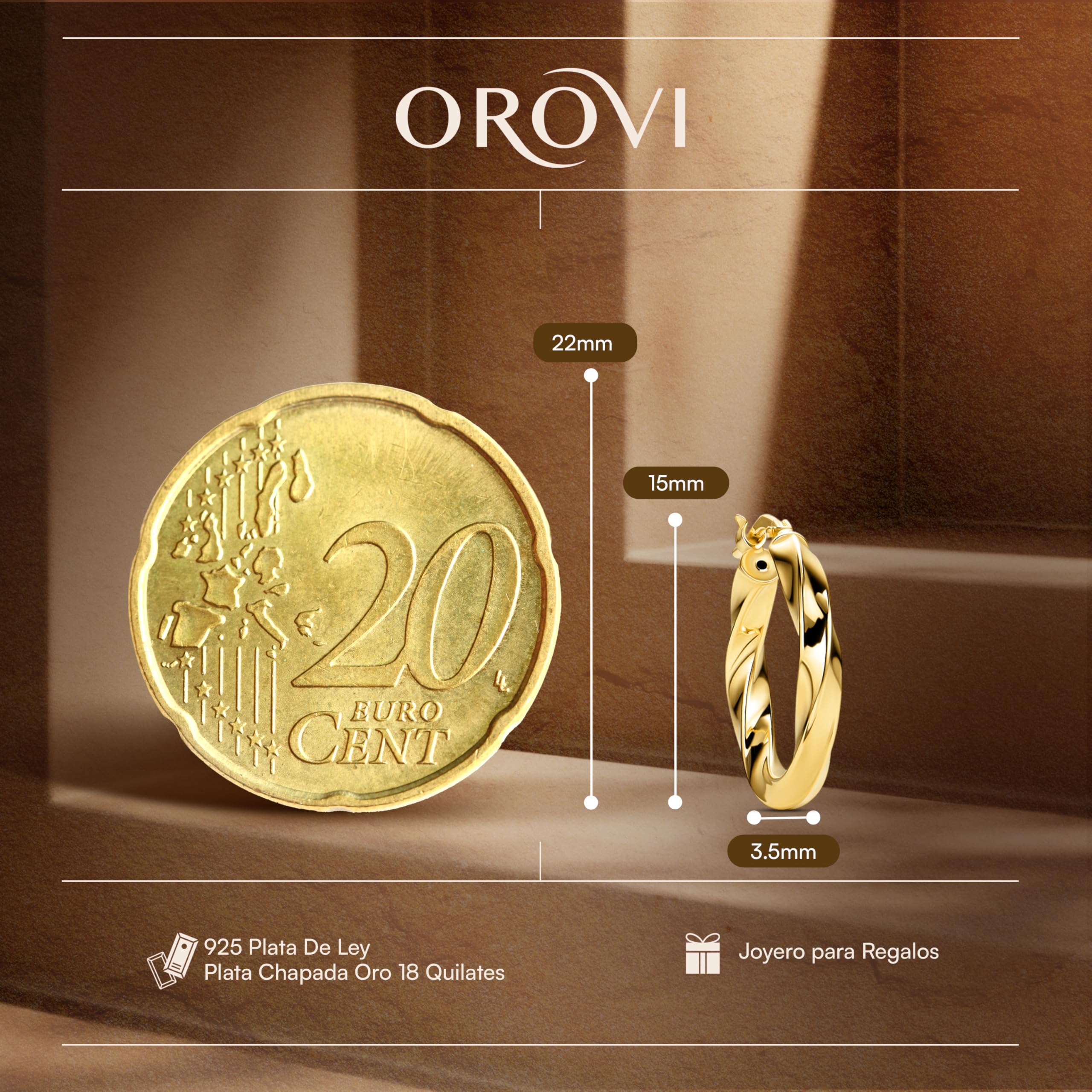Orovi Pendientes de aro para Mujer Plata de ley 925 bañada en oro de 18 quilates Pendientes dorados con diseño a torciglione de 15mm Cierre de bisagra Fabricado en Italia Entregado en Joyero