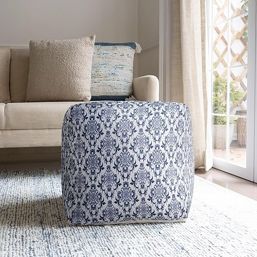 Vista 10 de LR Home - Puf otomano tradicional de medallón gris claro y marfil para decoración del hogar, reposapiés de transición hecho a mano para dormitorio