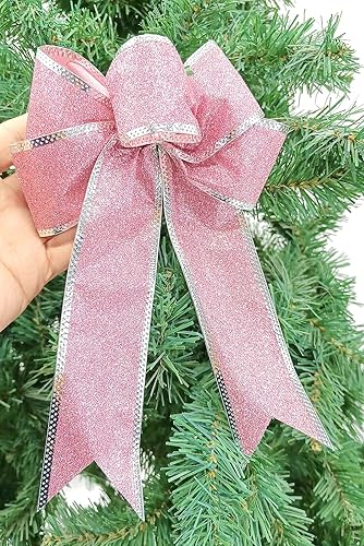 Miniatura 5 de 12 piezas de lujo de 8 pulgadas con purpurina rosa artificial, lazo de Navidad para árbol de Navidad, coronas, decoración de caja de regalo, adorno