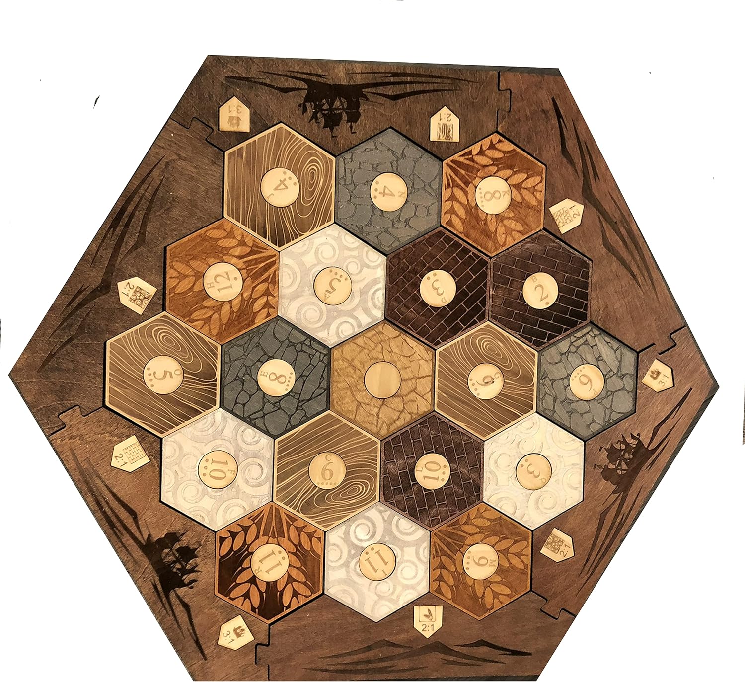 Stained Wood Game Board With Custom Laser Etched Terrain, Border and Number Tokens Compatible with Settlers of Catan Wooden Board Game
