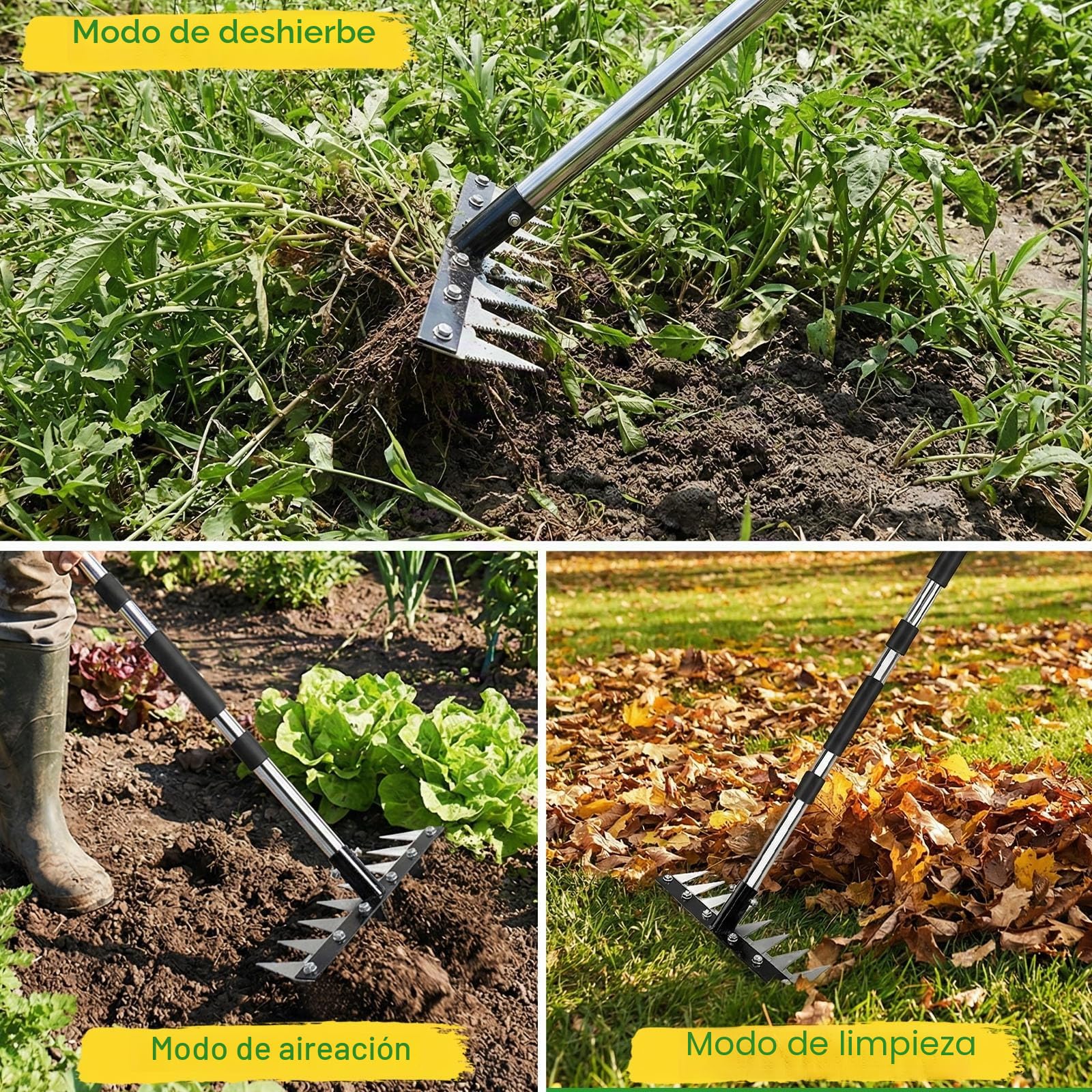 GAESHOW Rastrillo de Deshierbe con Mango Ajustable de 155 cm, Rastrillo para Malezar, Rastrillo Jardin de 8 Dientes de Acero Inoxidable para una Eficiente EliminacióN de Suelo