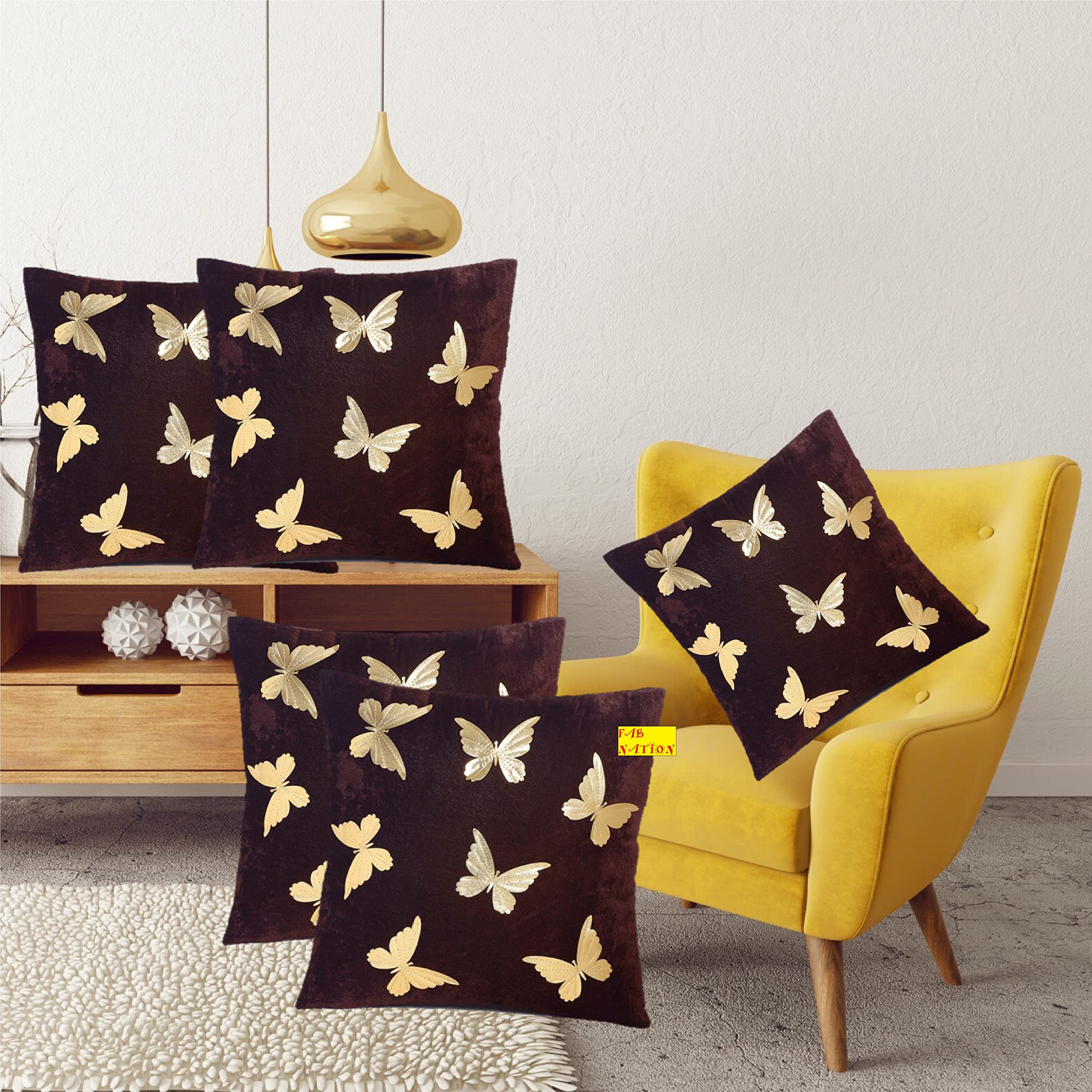 Fab Nation Cushion Covers Set of 5, Brown, Velvet Fabric, Butterfly Patch Work | 16x16 inches, Zipper Back, Interlock (Brown, Gold)