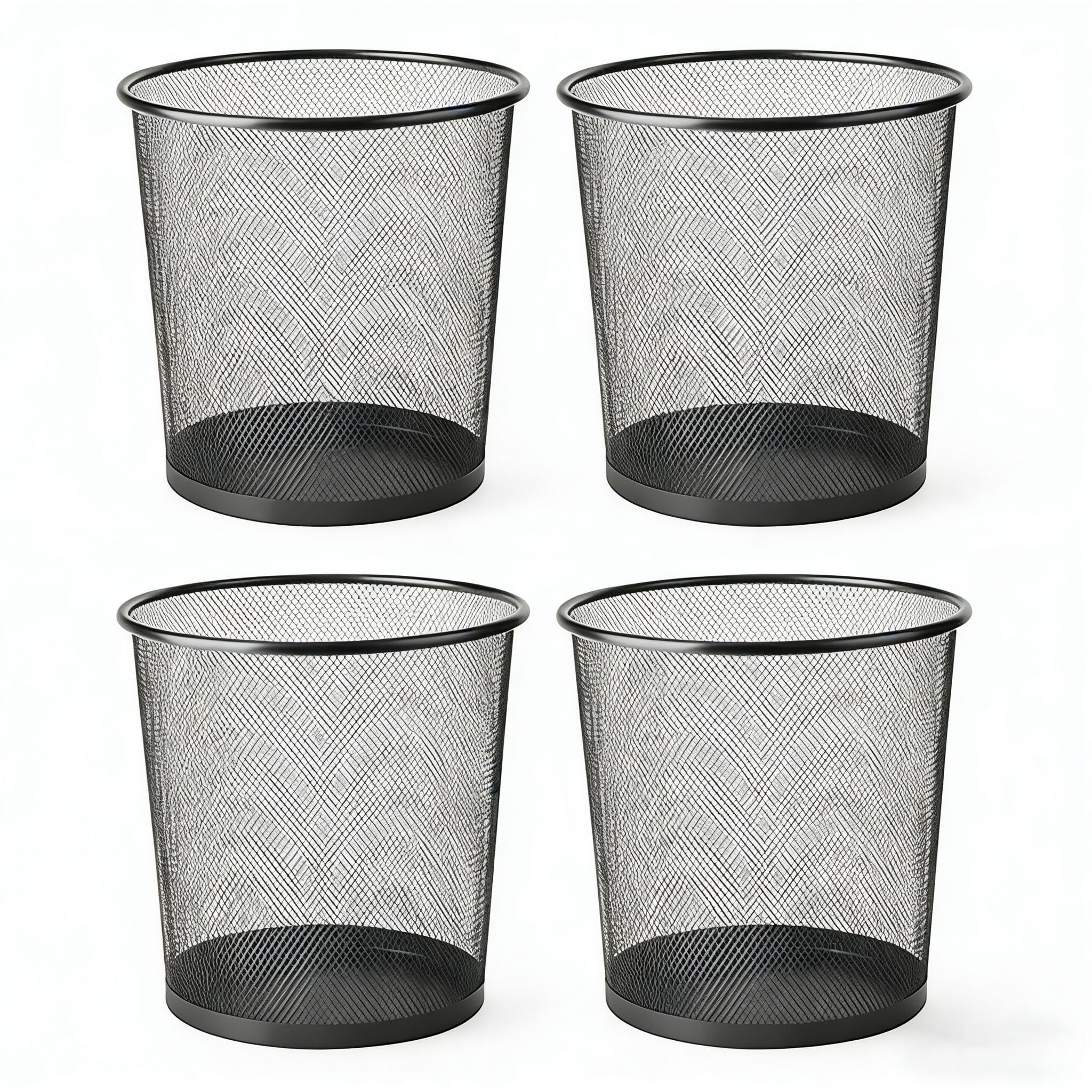 4 Pack Waste Paper Bins, 12 Litres Lightweight Circular Finest Black Mesh Waste Basket, Metal Trash Bin for Kitchens, Home Offices, Dorm Rooms, Living Rooms & Bedrooms (4)