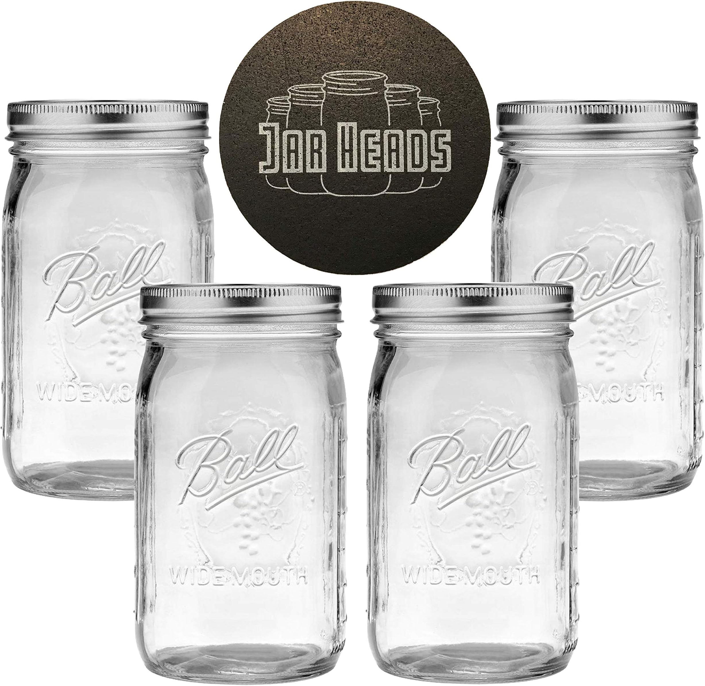 Ball Mason Jars 32 oz Wide Mouth Bundle with Non Slip Jar Opener- Set of 4 Quart Size Mason Jars - Canning Glass Jars with Lids