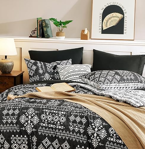 Miniatura 5 de Geniospin Juego de edredón tamaño matrimonial, 7 piezas, cómodo juego de ropa de cama bohemio para todas las estaciones, cama en una bolsa con