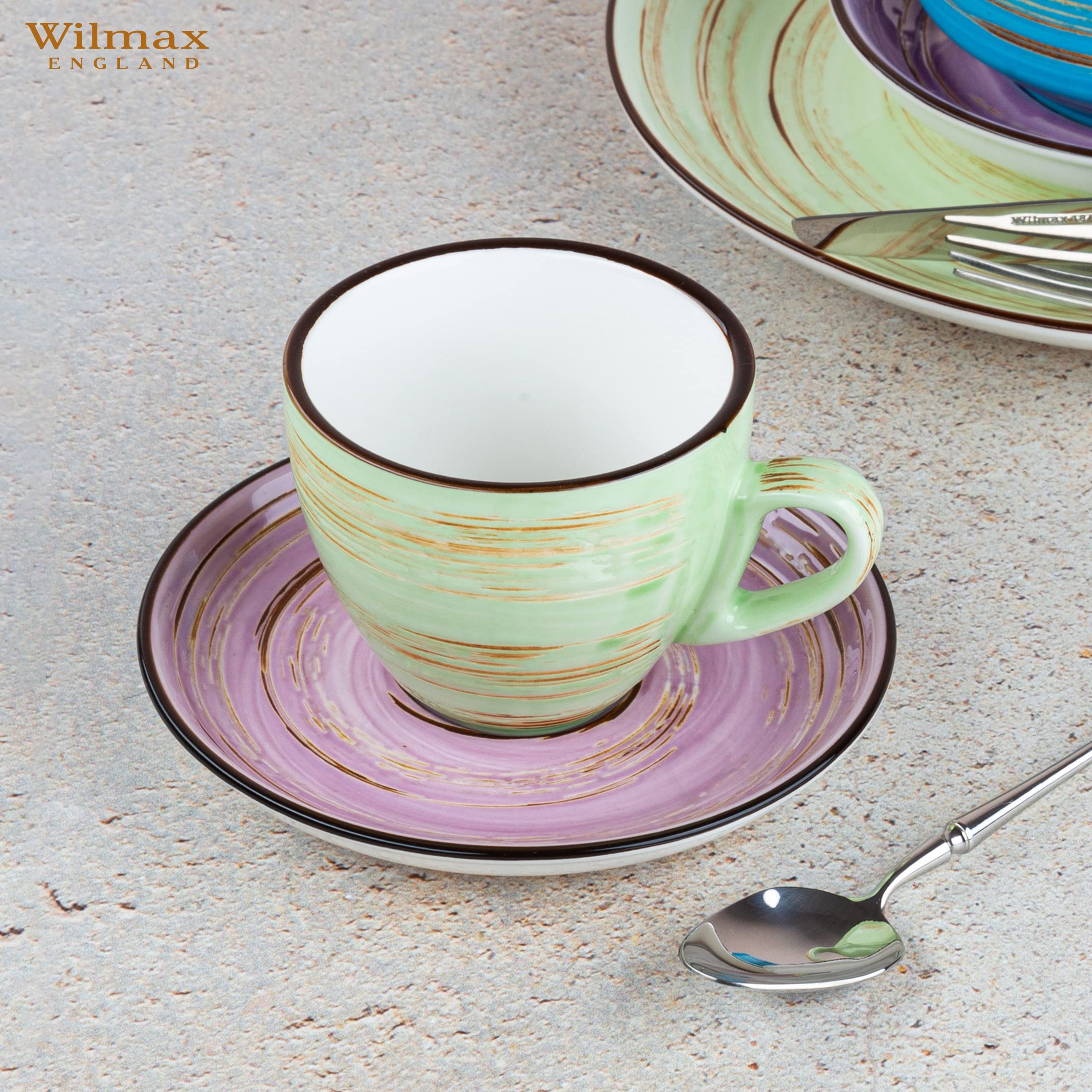 Wilmax | SPIRAL Tassen mit Untertassen | 6er-Set | 110 ml | Tassenset aus Porzellan | Becher Für Getränke, Desserts, Café | Modernes Design | Teetassen | Kaffeetassen | Spülmaschinenfest