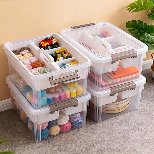 Miniatura 8 de Citylife - Contenedores de almacenamiento de plástico transparente de 17 cuartos de galón con bandeja extraíble, caja de cierre apilable con asa