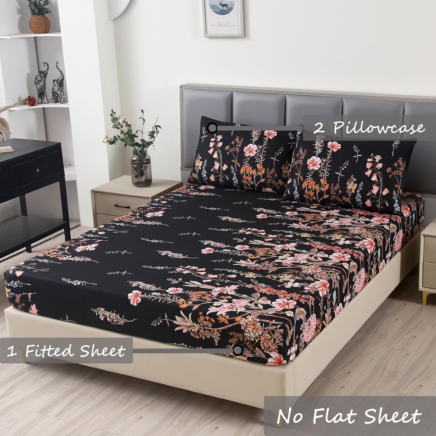 MAG 3pcs Black Floral Full Bed Sheet,Microfiber Flower Bedding Sheet Set,Boho Full Size Bed Sheets with1 Fitted Sheet and 2 Pillowcases,14 Inches Deep (Black, Full) - Image 2