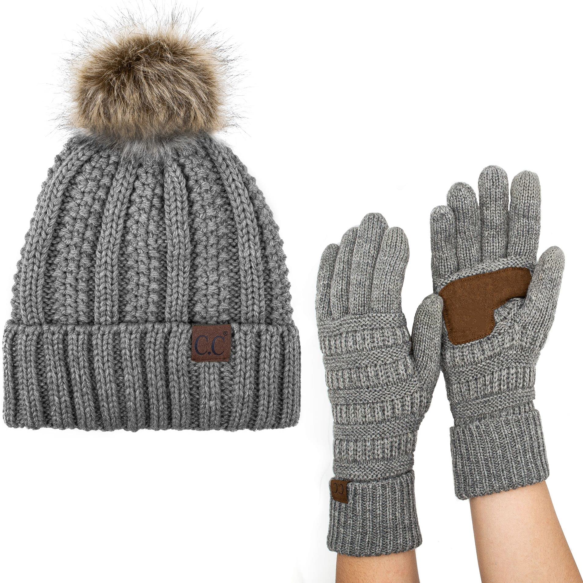 C.C Pom Cable Knit Beanie and Glove Set YJ820G20 Lt Melange