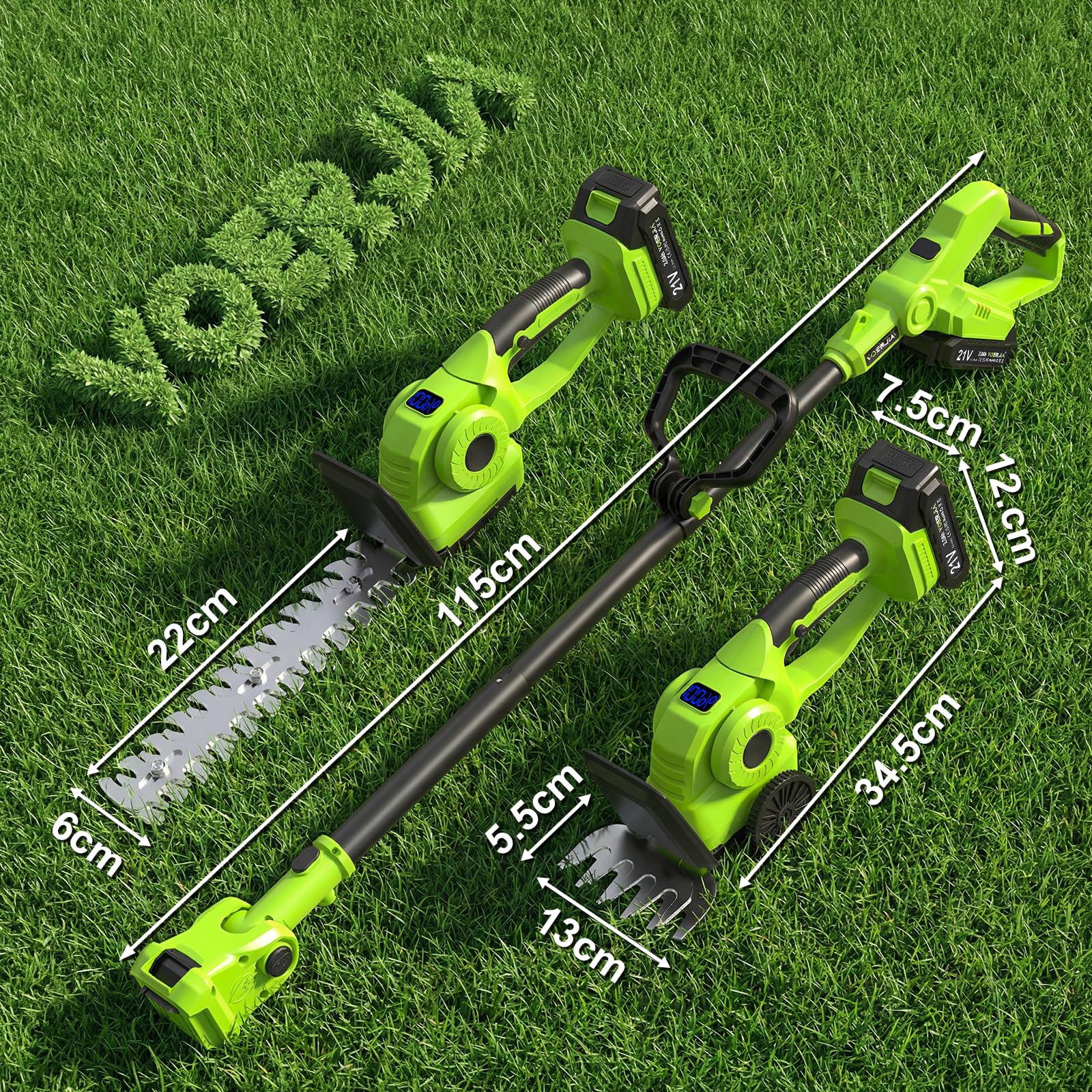 VOERJIA 4-in-1 Akku Grasschere & Strauchschere mit 115cm Verlängerungsstange (165cm Reichweite), 21V Gartenschere mit Rollen, 650W, 180° verstellbar, 2 Akkus – für Rasenkanten, Hecken & Formschnitt