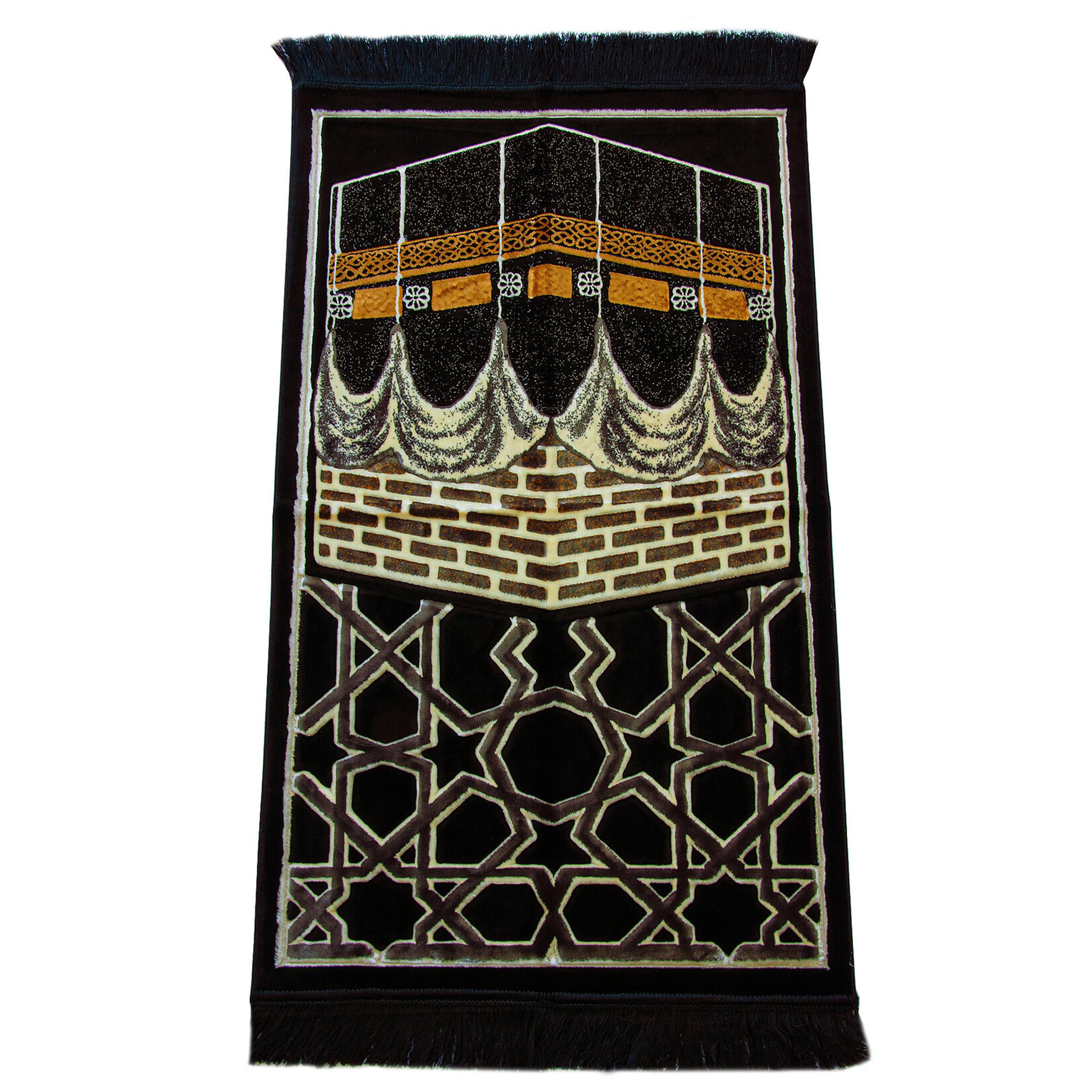 Teppich-Traum Tapis de prière avec motif architectural, surface douce, franges décoratives, facile d'entretien, pour salle de prière, salon, noir, or, beige, 70 x 115 cm