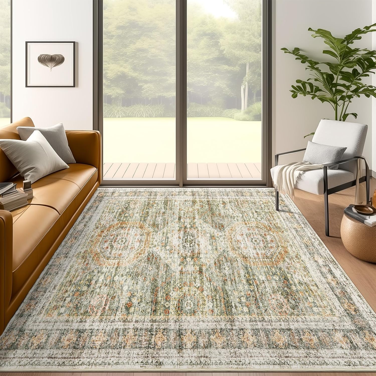 Tapis de chambre et balcon haut de gamme vintage | Tapis extérieur chic beige vert orangé