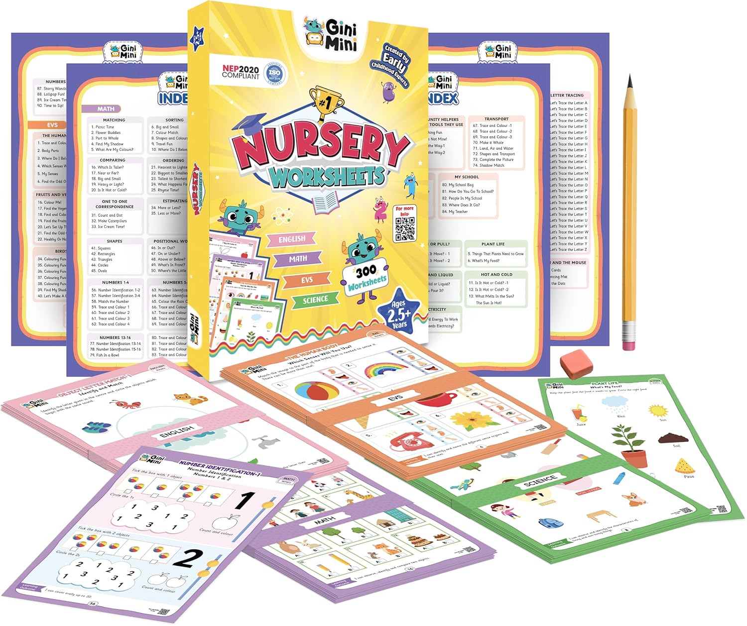 GiniMini 300 Nursery Worksheets (English, Maths, Science, & EVS) with Stickers & Index, Interactive Fun Learning Activities for Ages 2, 3 and 4 GiniMini 300 Nursery Worksheets (English, Maths, Science, & EVS) with Stickers & Index, Interactive Fun Learning Activities for Ages 2, 3 and 4