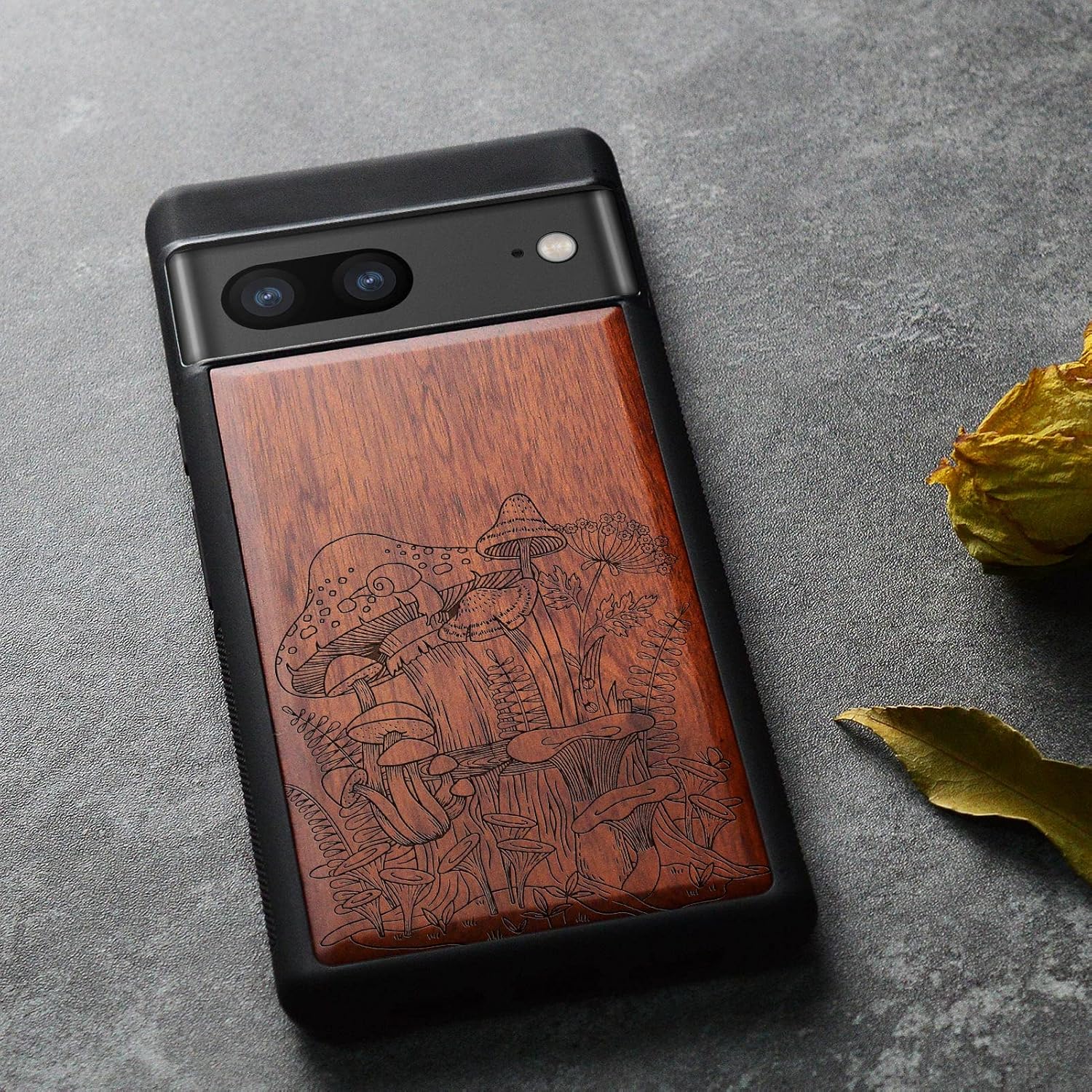 Carveit Wood Case for Pixel 7 Case [Natural Wood & Black Soft TPU] Shockproof Protective Unique & Classy Wooden Cover Compatible with Google Pixel 7 (Vintage Mushrooms-Rosy)