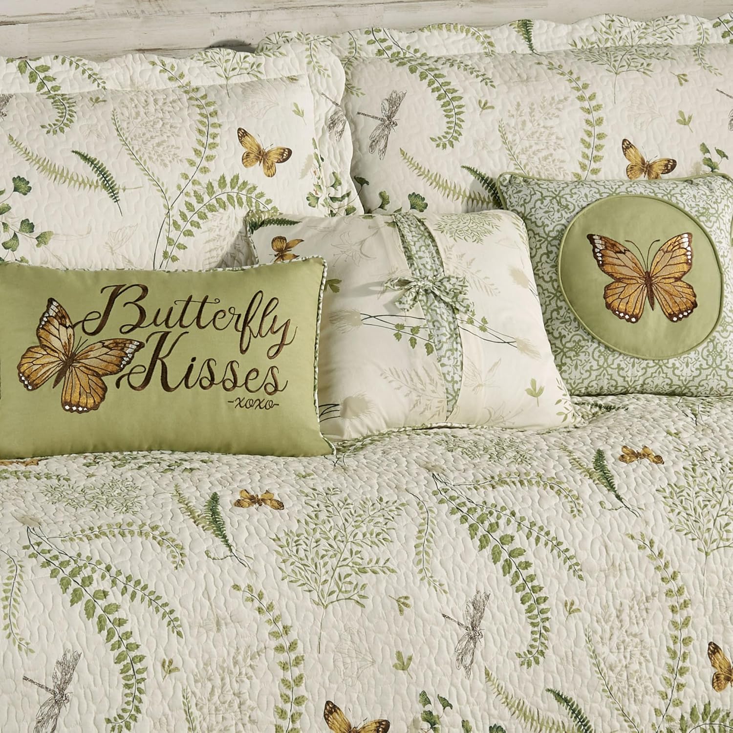 Butterfly Eden Reversible Quilted Daybed Bedding | Nature Medallion Butterfly Dragonfly Leaves | 8 Piece Set Includes: Daybed Cover, 2 King Shams, 2 King Sham Stuffers, 2 Square, and Rectangle Pillow
