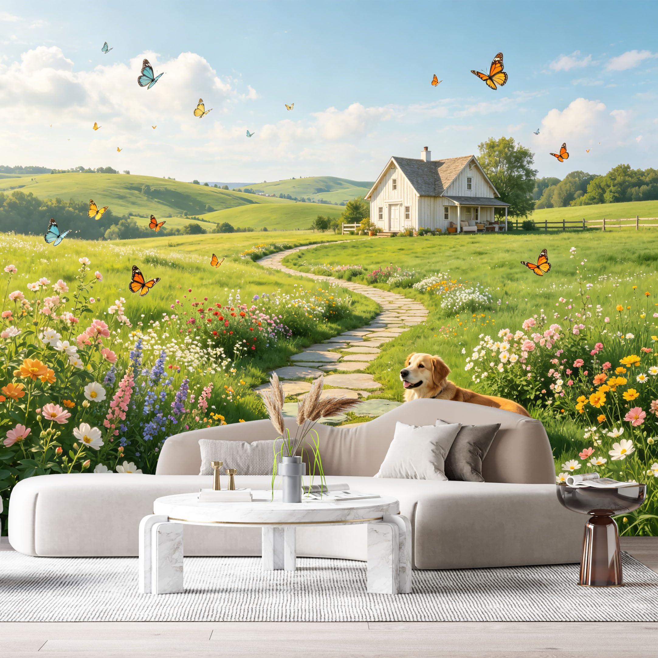 Custom Size Wall Murals Farmhouse Meadow Landscape Dog Butterflies SelfAdhesive Wall Fabric Removable Large Wallpaper for Photo Living Room
