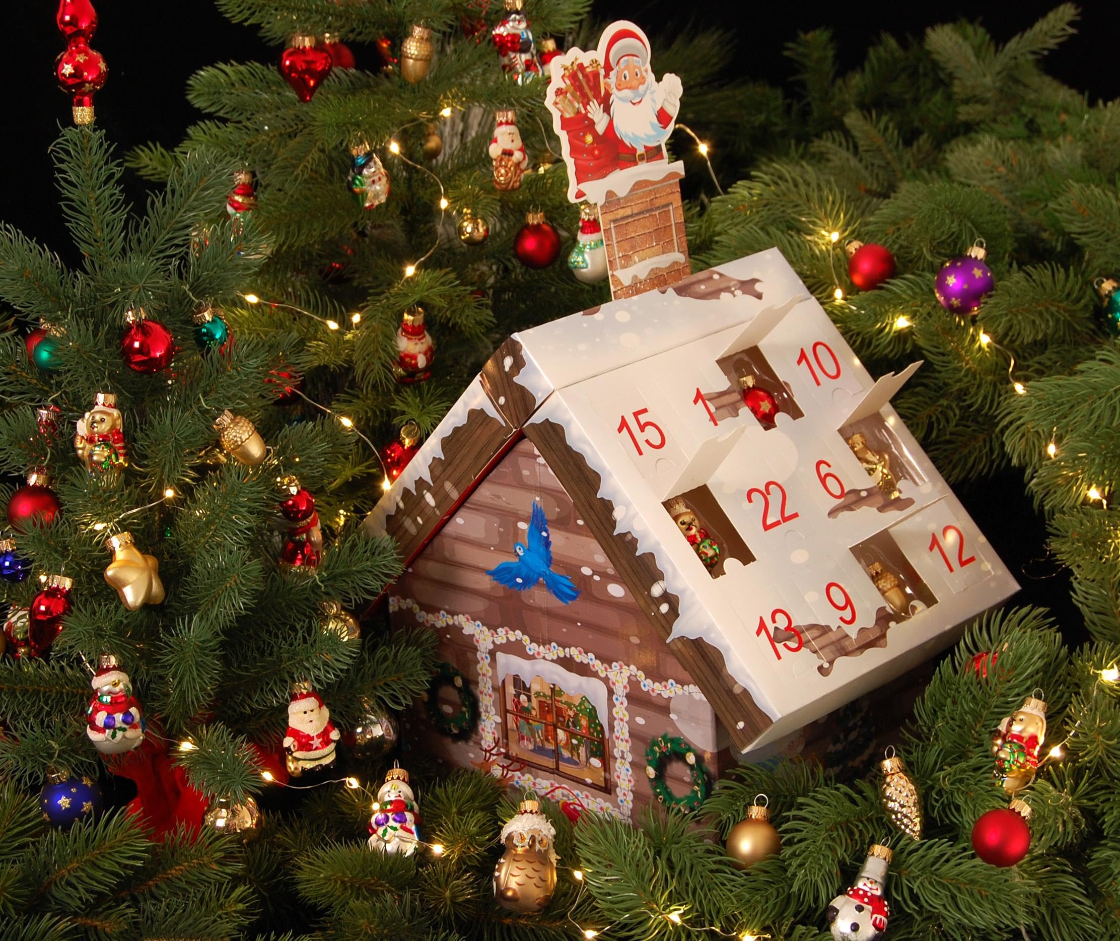 Krebs Glas Lauscha - Decorazione natalizia/albero di Natale – Calendario dell'Avvento 24 ciondoli in vetro – Motivo: 3D Adventshaus – Dimensioni del ciondolo: circa 4 – 5 cm