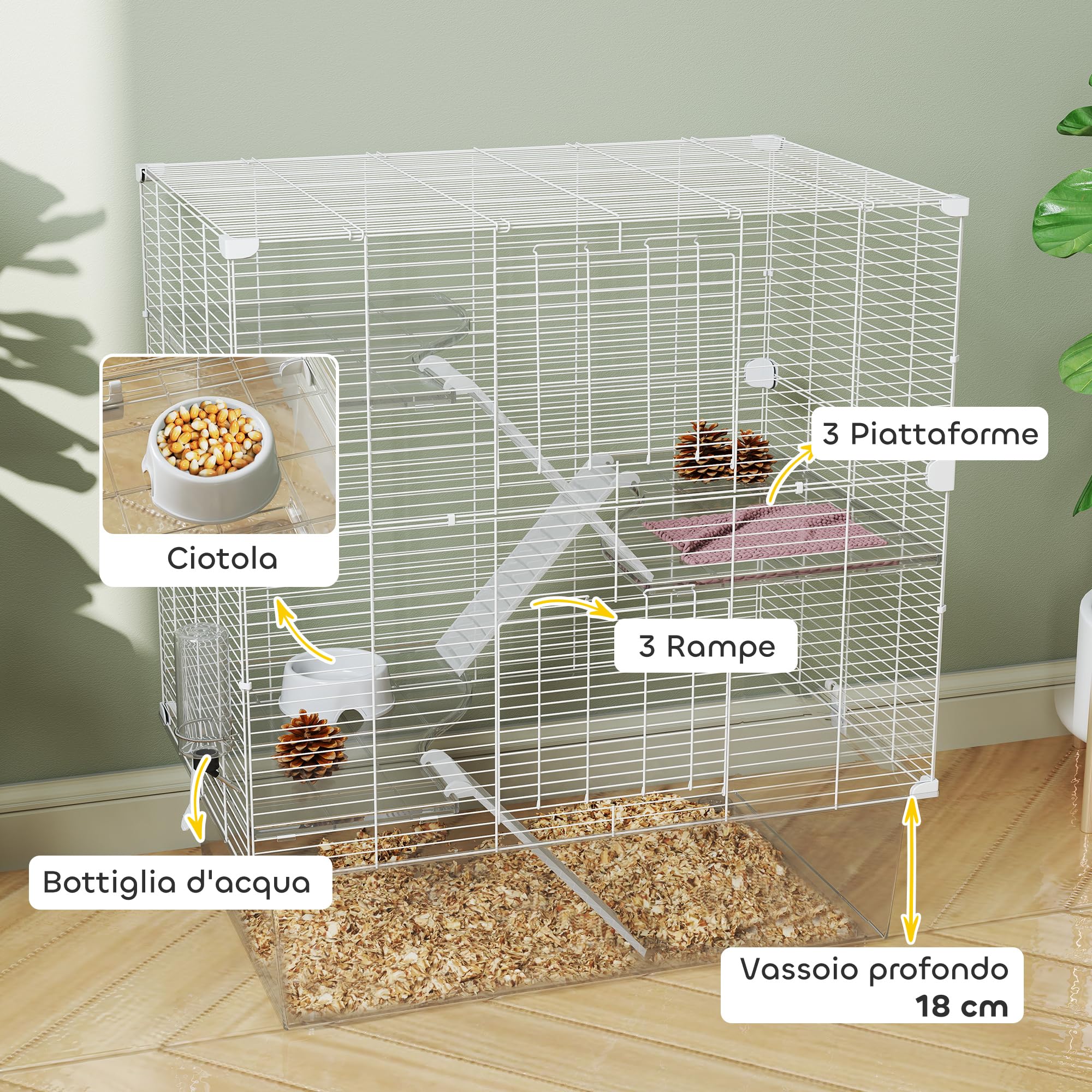 PawHut Gabbia per Roditori Multilivello con Accessori Inclusi, Gabbia per Criceti in Acciaio, PET e PS, 73x47x80 cm, Bianco