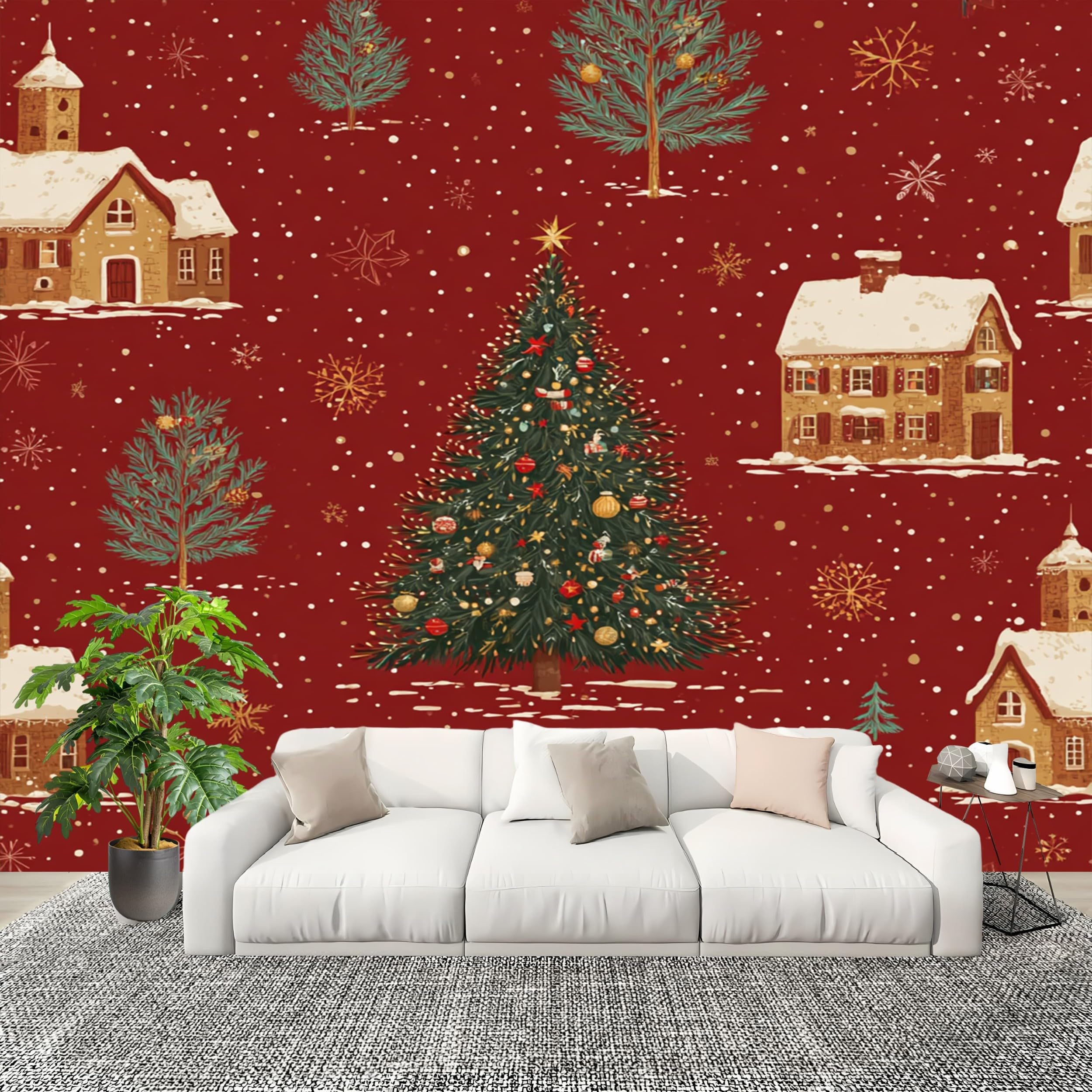 Papier peint photo intissé sapin de Noël rouge 200x140 cm pour salon