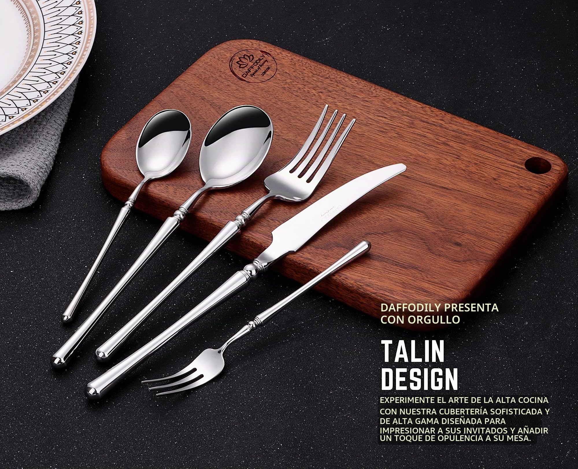DAFFODILY® Juego De Cubiertos De Lujo - Cubiertos Acero Inoxidable, Cuberterias Completas, Cuchara, Tenedor, Cuchillo Chuletero, Servicio De Vajilla Martillado 18/10