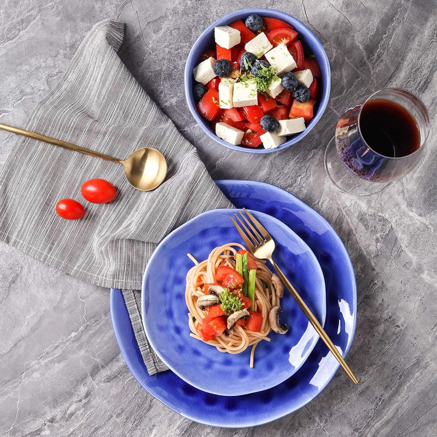 Stone Lain Constance Porcelain16 Piece Dinnerware Set, Home Kitchen Dish Set with Dinner Plates, Salad Plates, Bowls, & Mugs - Service for 4, Blue