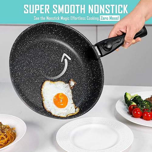 Miniatura 6 de Juego de utensilios de cocina antiadherentes de alta calidad de 15 piezas, ollas y sartenes recubiertas de mármol (interior y exterior), mango