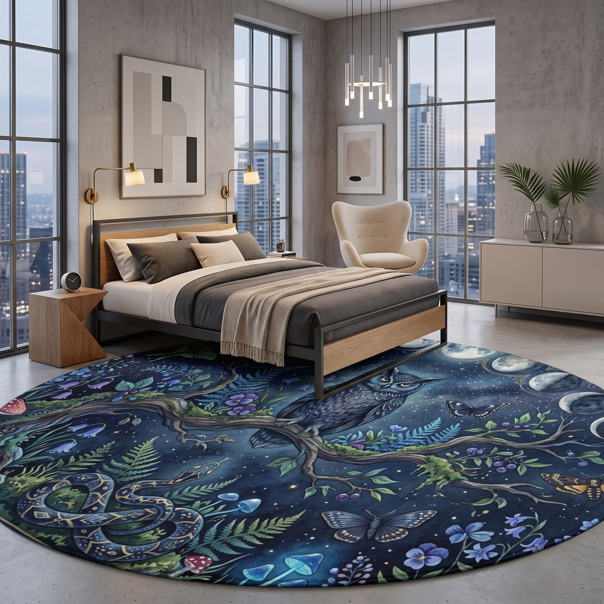 Tapis Rond Lavable Hibou des Phases De La Lune pour Salon 160 cm