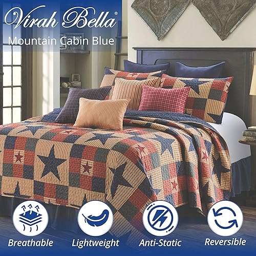 Miniatura 2 de Virah Bella Juego de ropa de cama de 3 piezas tamaño Queen - Cabaña de montaña azul - Juego de edredón reversible rústico de retazos con fundas de