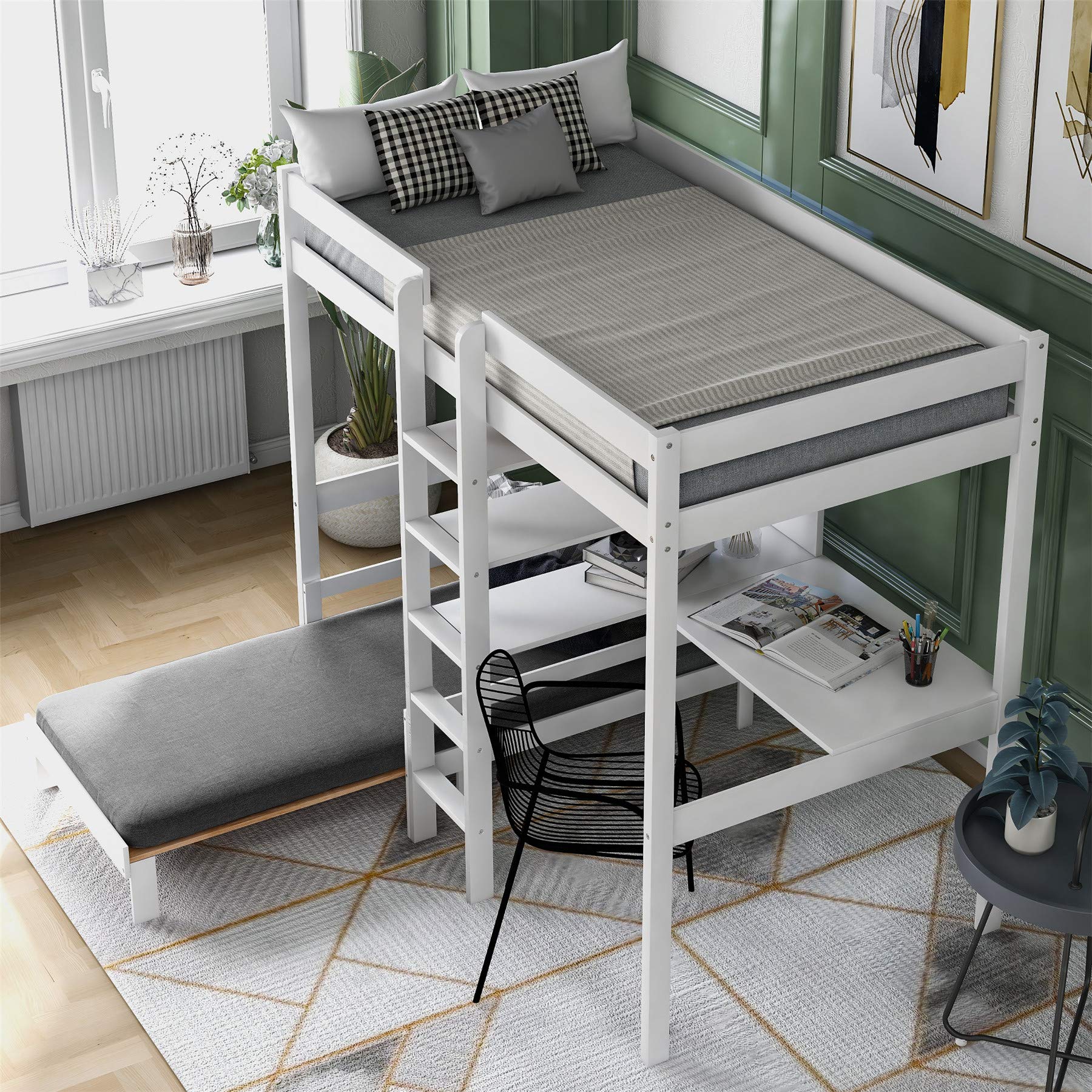 Buy Loft Bed with Desk, Bunk Bed with Desk and Shelves for Kids and Teens. (WhiteL Shape