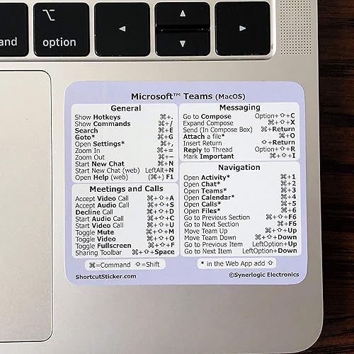 SYNERLOGIC MS Teams (para Mac + Web) atajos de teclado adhesivo de vinilo, adhesivo temporal, compatible con cualquier MacBook Laptopescritorio con