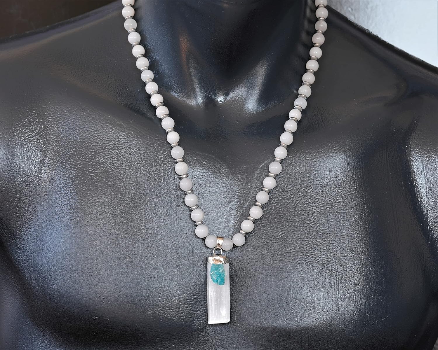 ElisaJewelryArt - Natural Raw Selenite With Tourmaline Crystal Beaded Necklace Genuine Selenite Gemstone Memory Stone Clasp Closure Necklace Unisex Necklace - Image 6