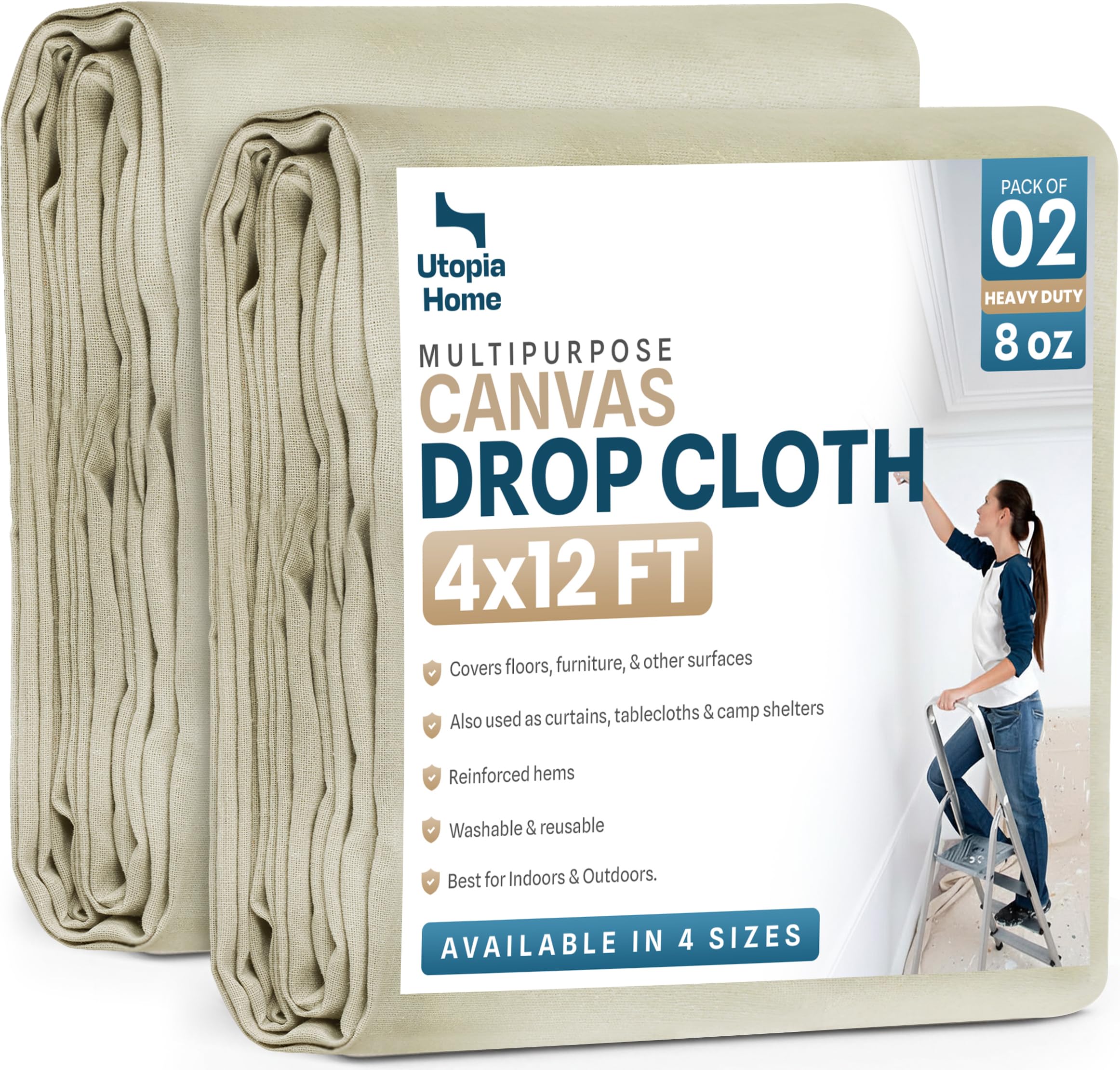 Utopia Home Drop Cloth per pittura (1,2 x 3,7 m, 2 pezzi) Tessuto di tela lavabile e riutilizzabile per mobili e pavimenti Protezione altamente assorbente - Duck Dropcloth per uso esterno e interno