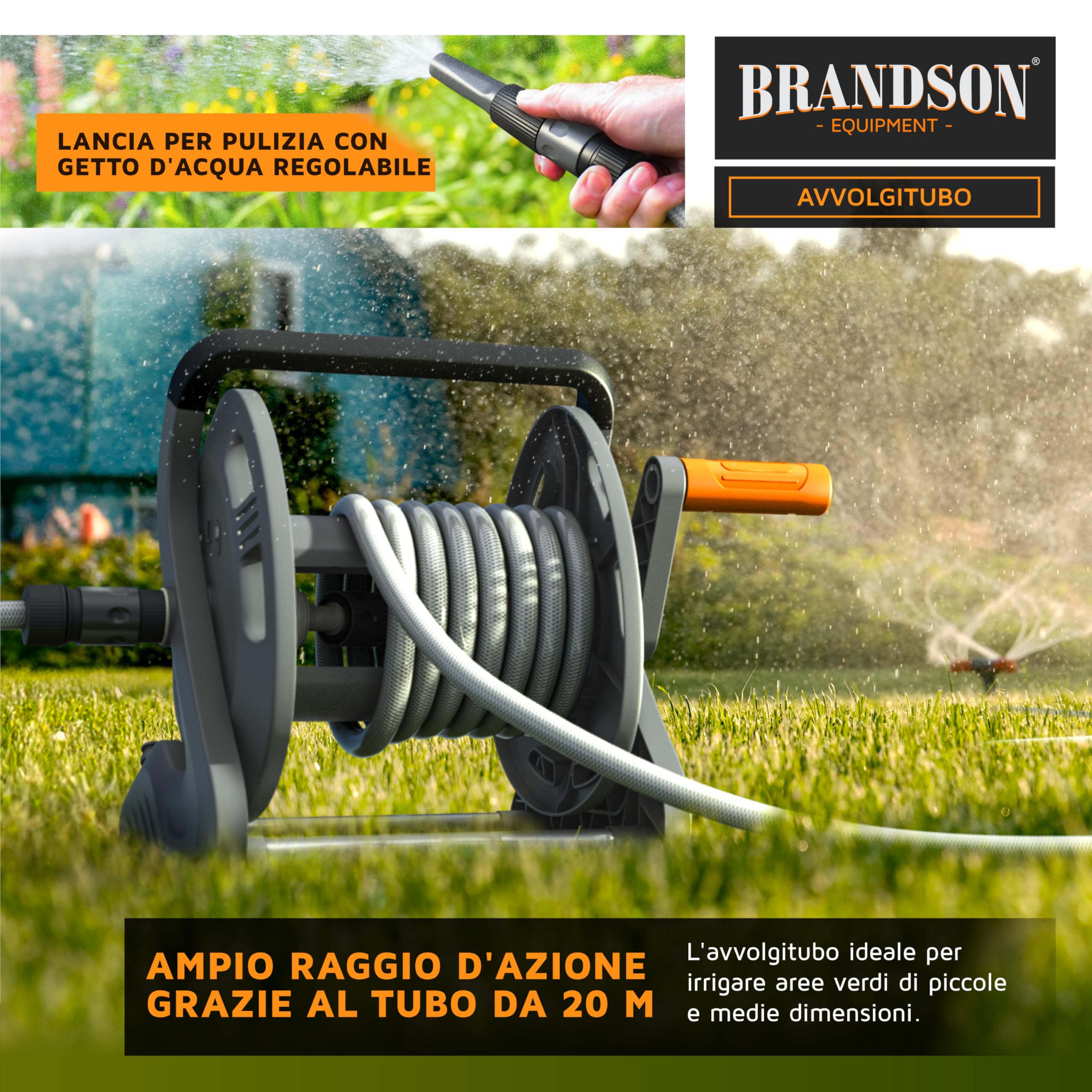 Brandson - Avvolgitubo da giardino automatico da 20 metri, Avvolgitubo mobile da giardino con 20 m di Tubo, 2 m di Tubo di alimentazione, Supporto a parete, Manovella, Spruzzatore di pulizia