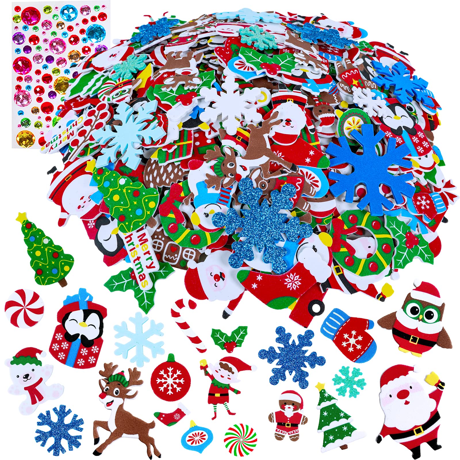 Winlyn 522 Pcs Bulk Assorted Christmas Stickers Christmas Crafts Foam Self-Adhesive Santa Reindeer Snowman Stickers Embellishment Winter Crafts for