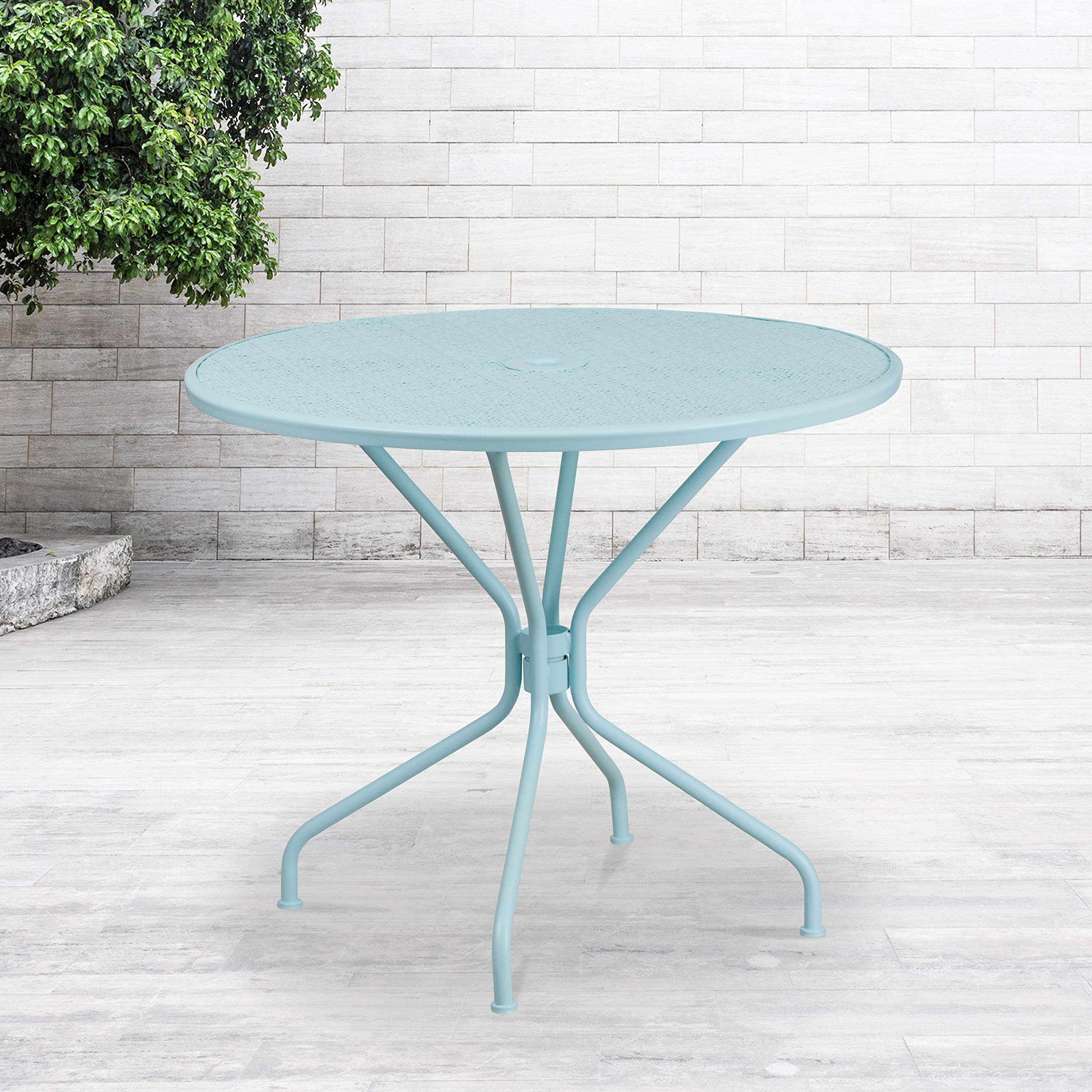 EMMA + OLIVER Commercial Grade 35.25" RD Sky BL Indoor-Outdoor Steel Patio Table-Umbrella Hole