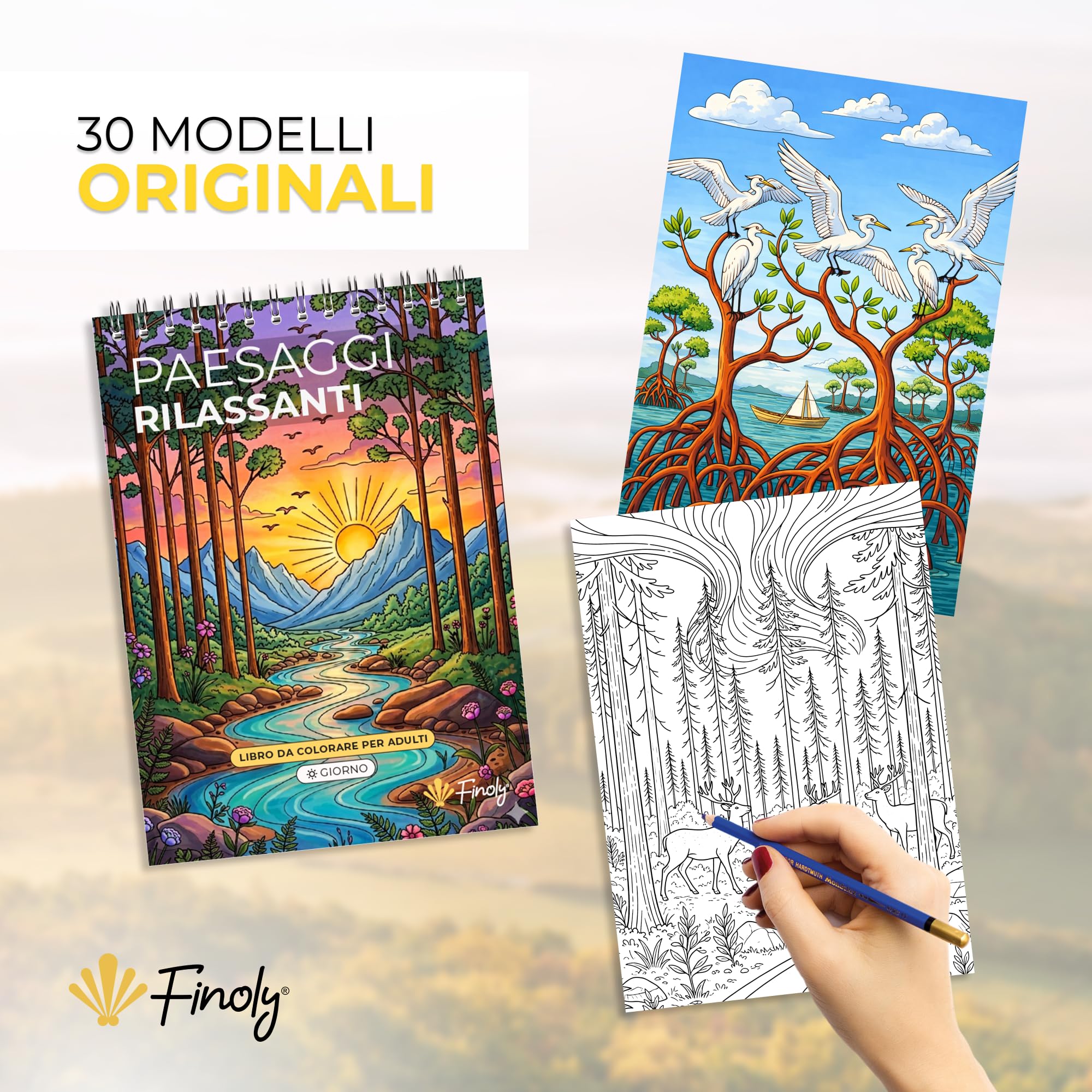 Finoly Libri da Colorare per Adulti Paesaggi A4 Riduce lo Stress | Album da Colorare per Adulti Principianti e Esperti | Mindfulness Inchiostro Non Che Trapassa