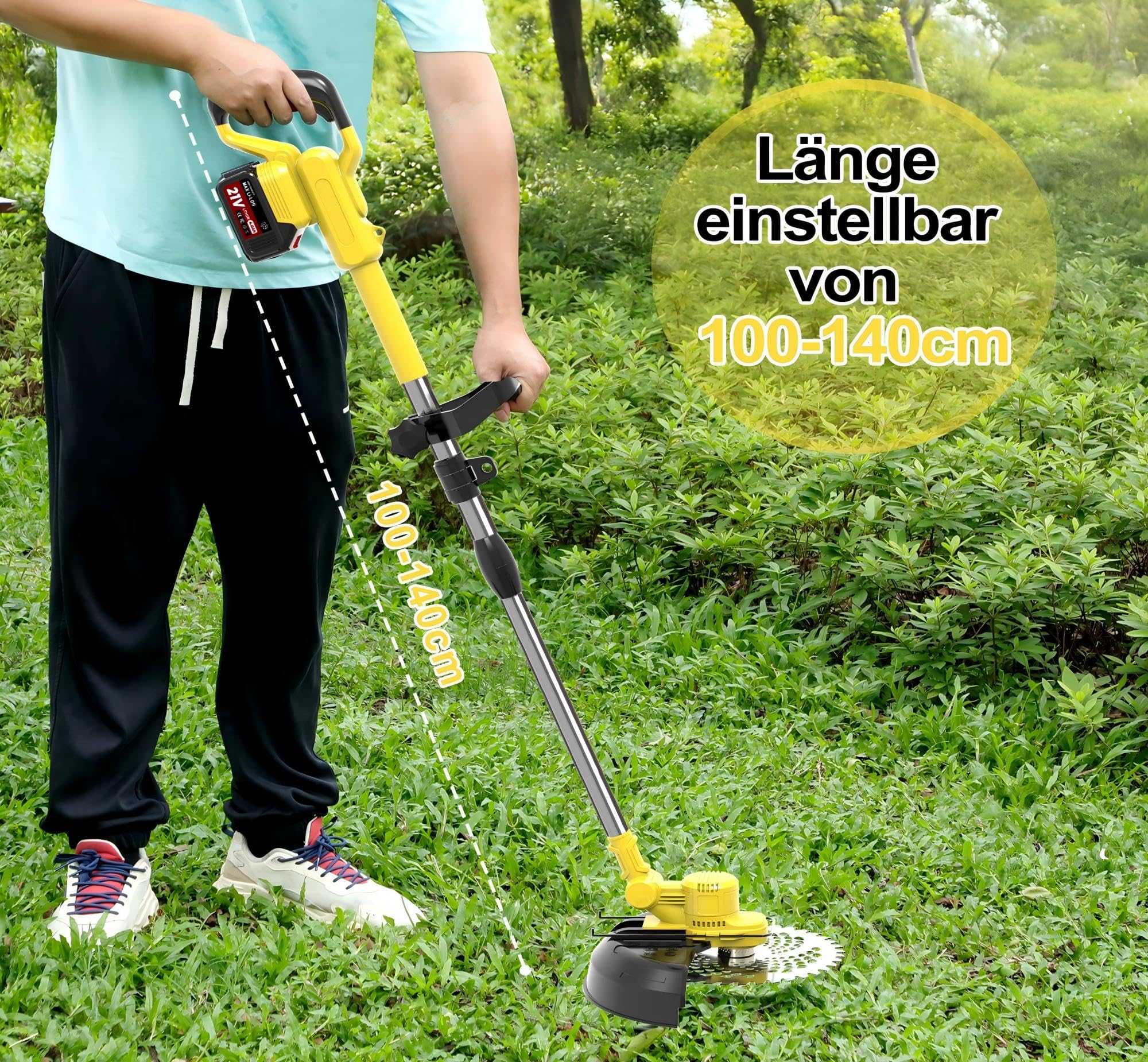 TerraKraft 21V Rasentrimmer mit Akku, 750w Akkus Rasentrimmer, Freischneider Akkus, Die Teleskophöhe 100cm - 145cm Motorsense Akkus, 90° Trimmwinkel(Inkl2 x 4,0Ah Akku) (Gelb)