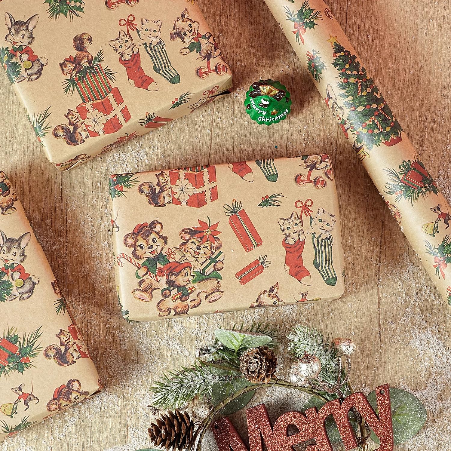 RUSPEPA Kraft Christmas Wrapping Paper Roll, Mini Roll, Vintage Animals Like Cat and Squirrel with Santa Hats, Tree, Stockings & Gifts, Kraft Gift Wrap for Boys, Girls, Holiday, 17 Inches x 16.4 Feet image 4
