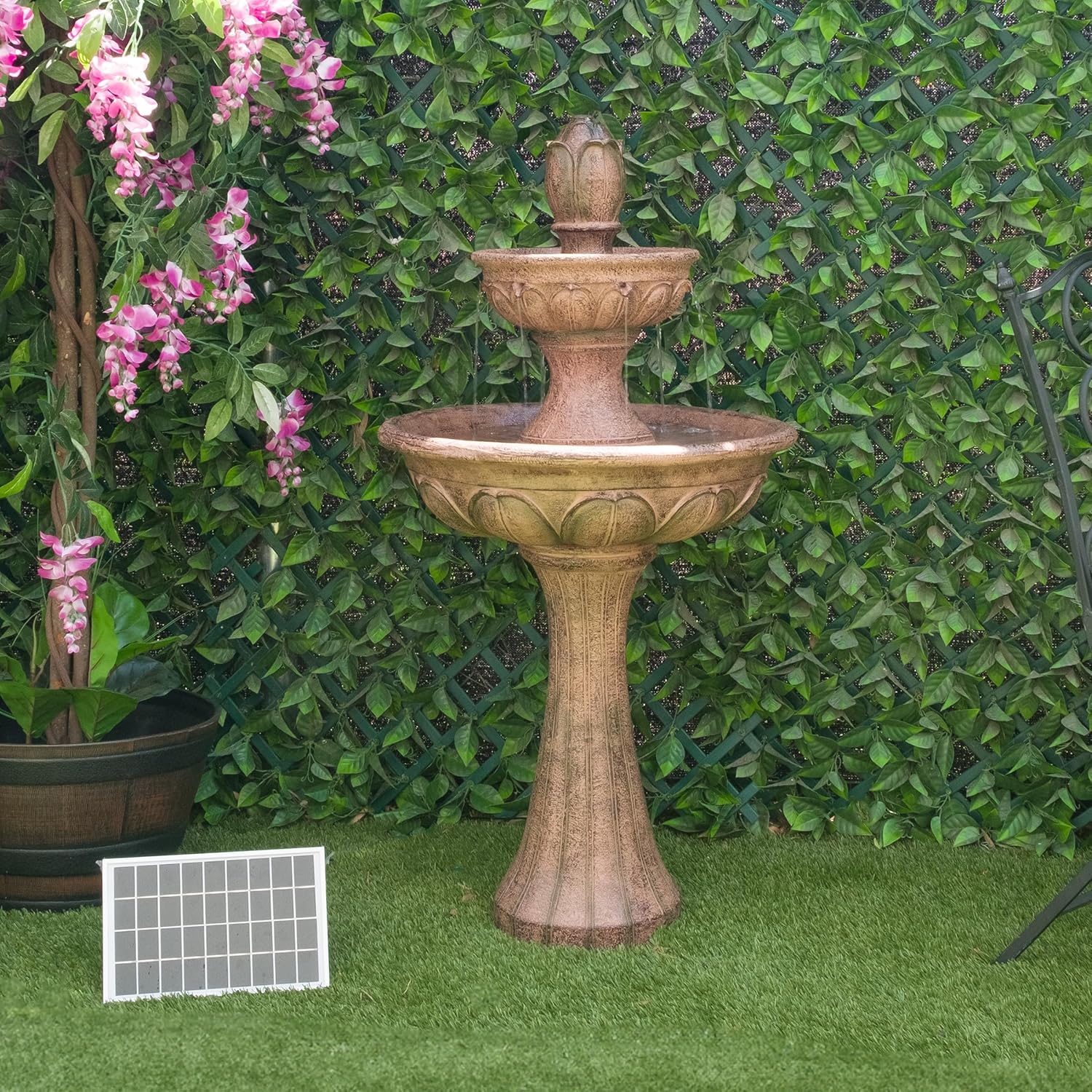 Alpine Corporation USA1158SLR 43" Solar-Powered 2-Tier Pedestal Fountain – Outdoor Cement Water Feature for Garden, Patio & Lawn, Energy Efficient & Decorative, Brown