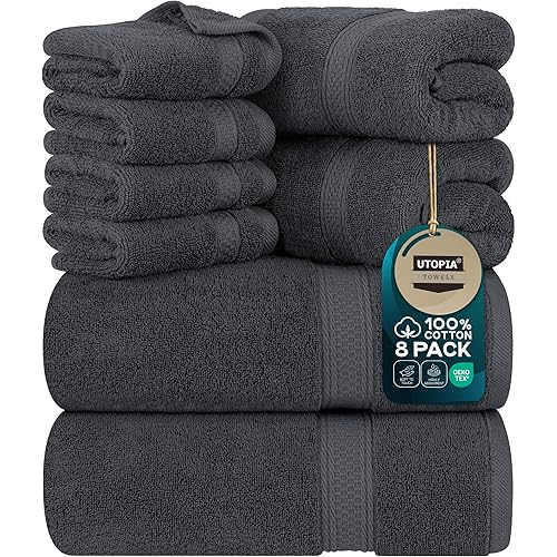 Utopia Towels 8 Piece Premium Towel Set, 2 Bath, 2 Hand, and 4 Wash Cloths, 600 GSM 100% Ring Spun Cotton, Highly Absorbent Towels for Bathroom, Gym, Hotel, and Spa, Grey