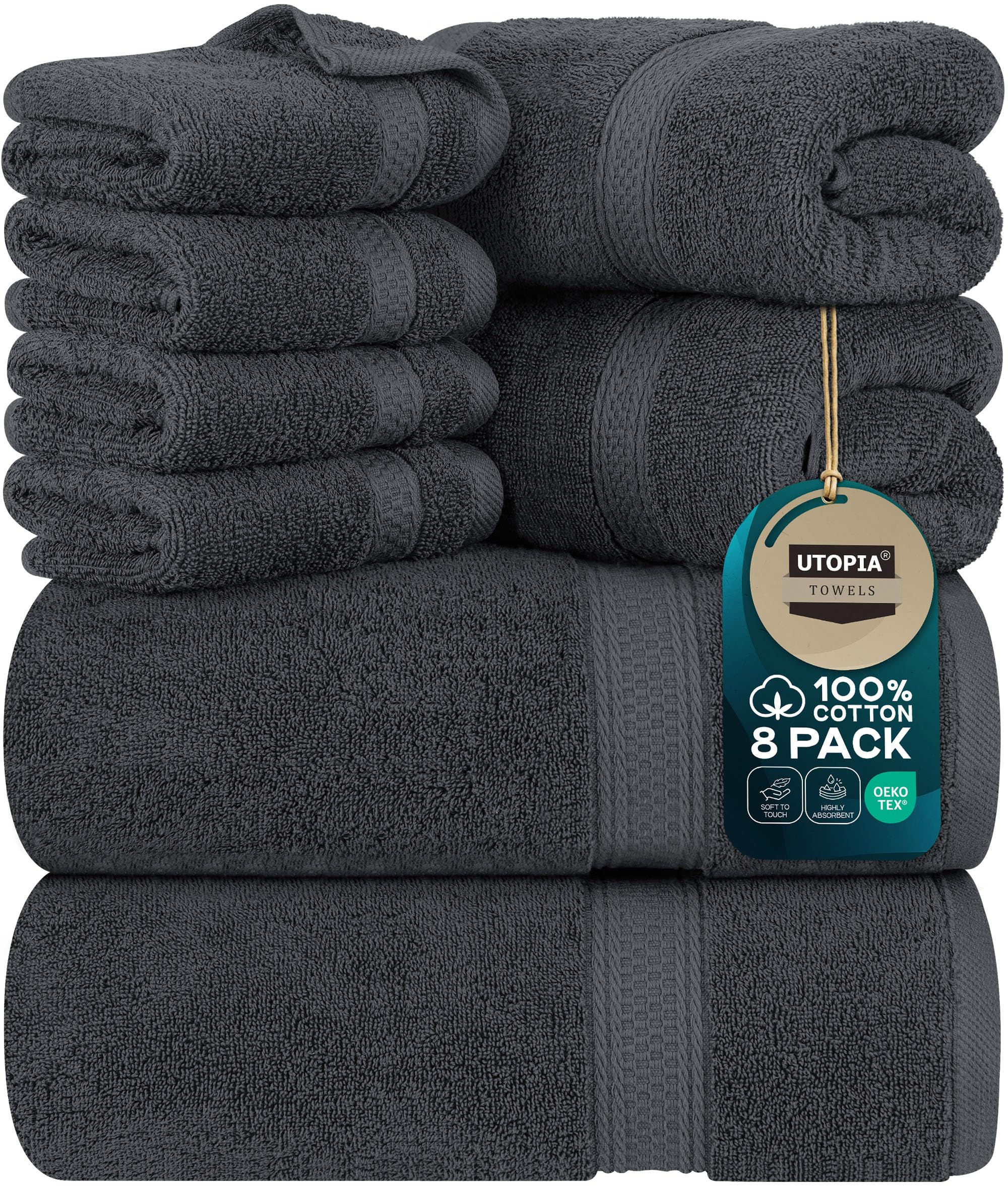 Utopia Towels 8 Piece Towel Set - 2 Bath Towels, 2 Hand Towels and 4 Washcloths Cotton Hotel Quality Super Soft and Highly Absorbent (Gray)OEKO-TEX MADE IN GREENOEKO-TEX MADE IN GREENOEKO-TEX MADE IN GREEN