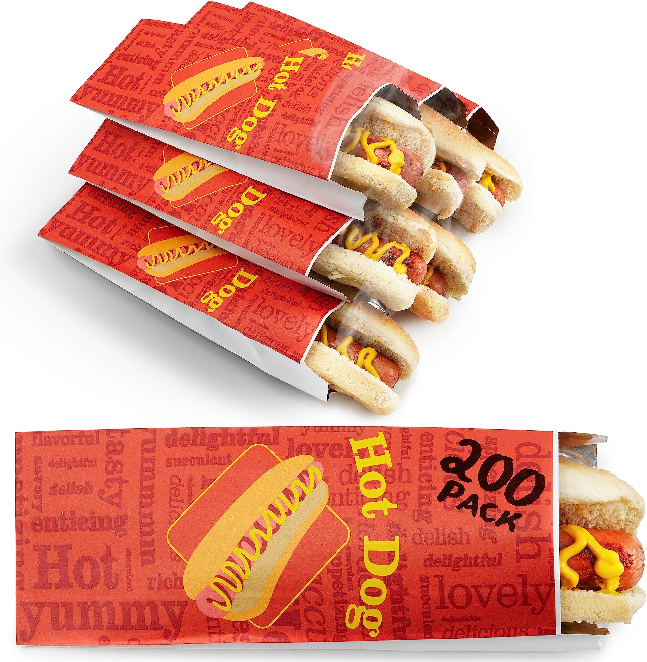 Stock Your Home Hot Dog Wrappers Foil Laminated Paper (200 Pack) Grease Resistant Red Hot Dog Sleeves Foil, Bulk Hot Dog Bags for Carnival Themed Party, Food Cart, Concession Standats, Grubhub