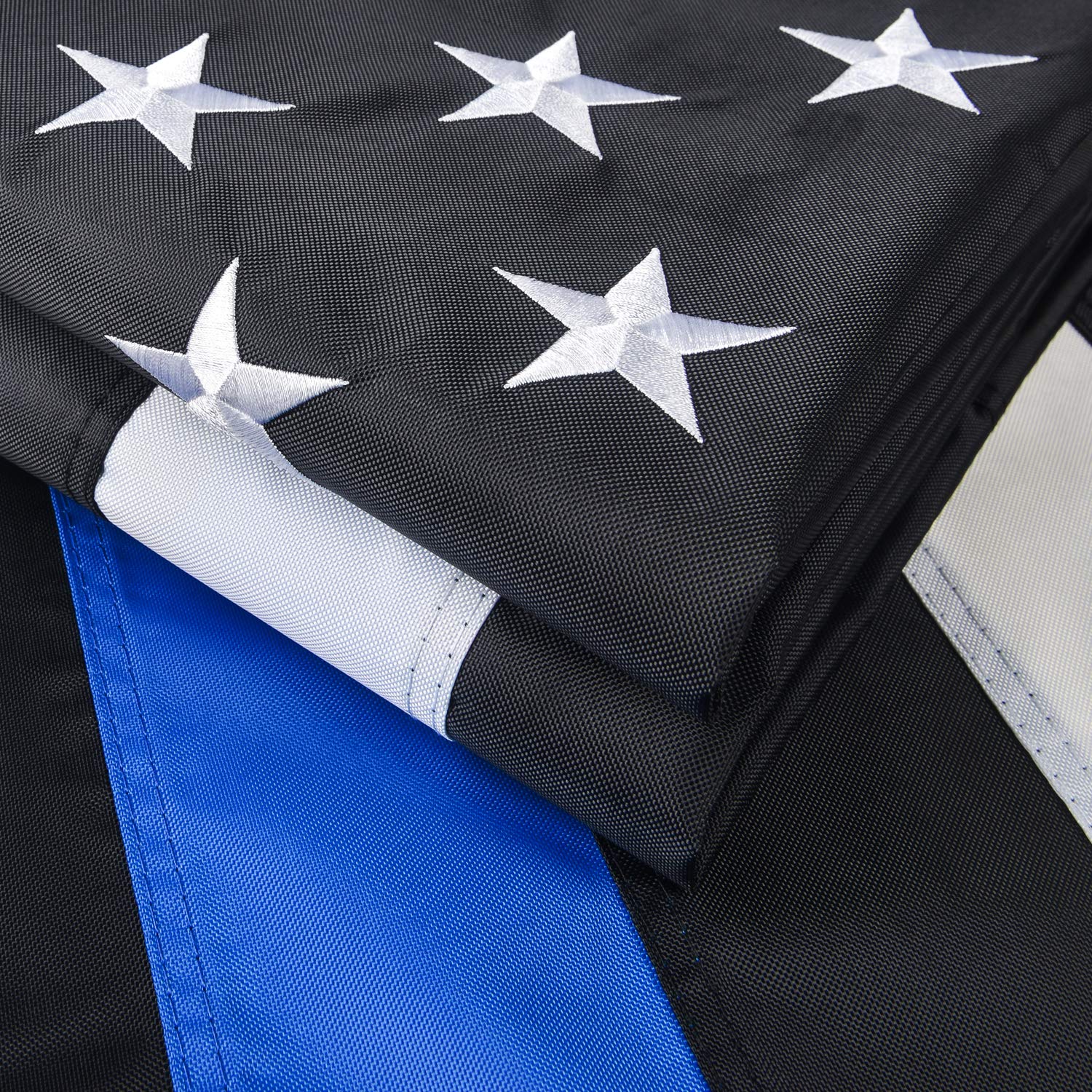 OLYNIKThin Blue Line Flag-3x5 ft with Embroidered Stars, Sewn Stripes, Brass Grommets, UV Protection, 300D Nylon Black White and Blue American Police Flag