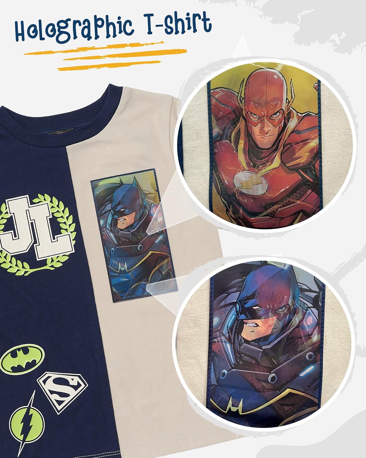 DC Comics Justice League Boys T-Shirt & Shorts Set, Batman Superman Flash Superhero Lenticular Patch