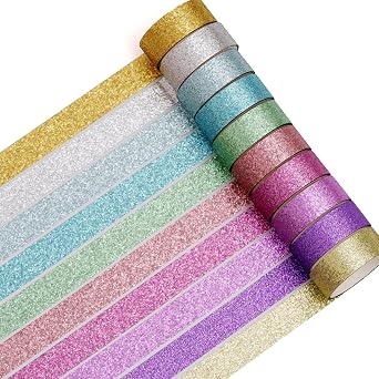 10 Colors Glitter Washi Tape Set Sparkling Masking Tape Metallic Decorative for Arts, DIY Crafts, Bullet Journal Supplies, Planners, Scrapbook, Card/Gift Wrapping Neon 10 Colors