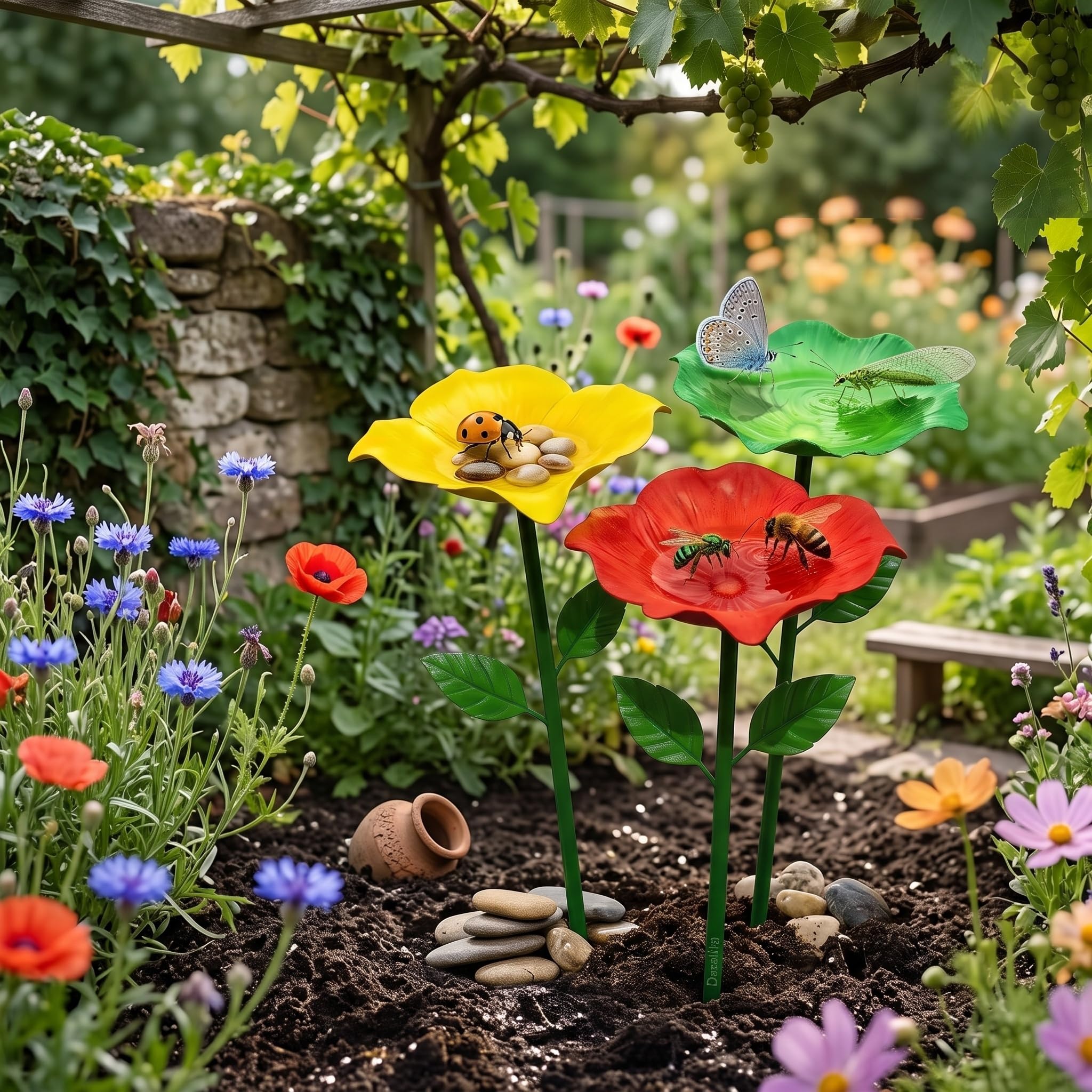 Abbeveratoio da giardino in metallo, set di 4 abbeveratoi per insetti, abbeveratoio per uccelli, fiori, dispenser d'acqua per api e farfalle, decorazione per esterni, cortile, decorazione da